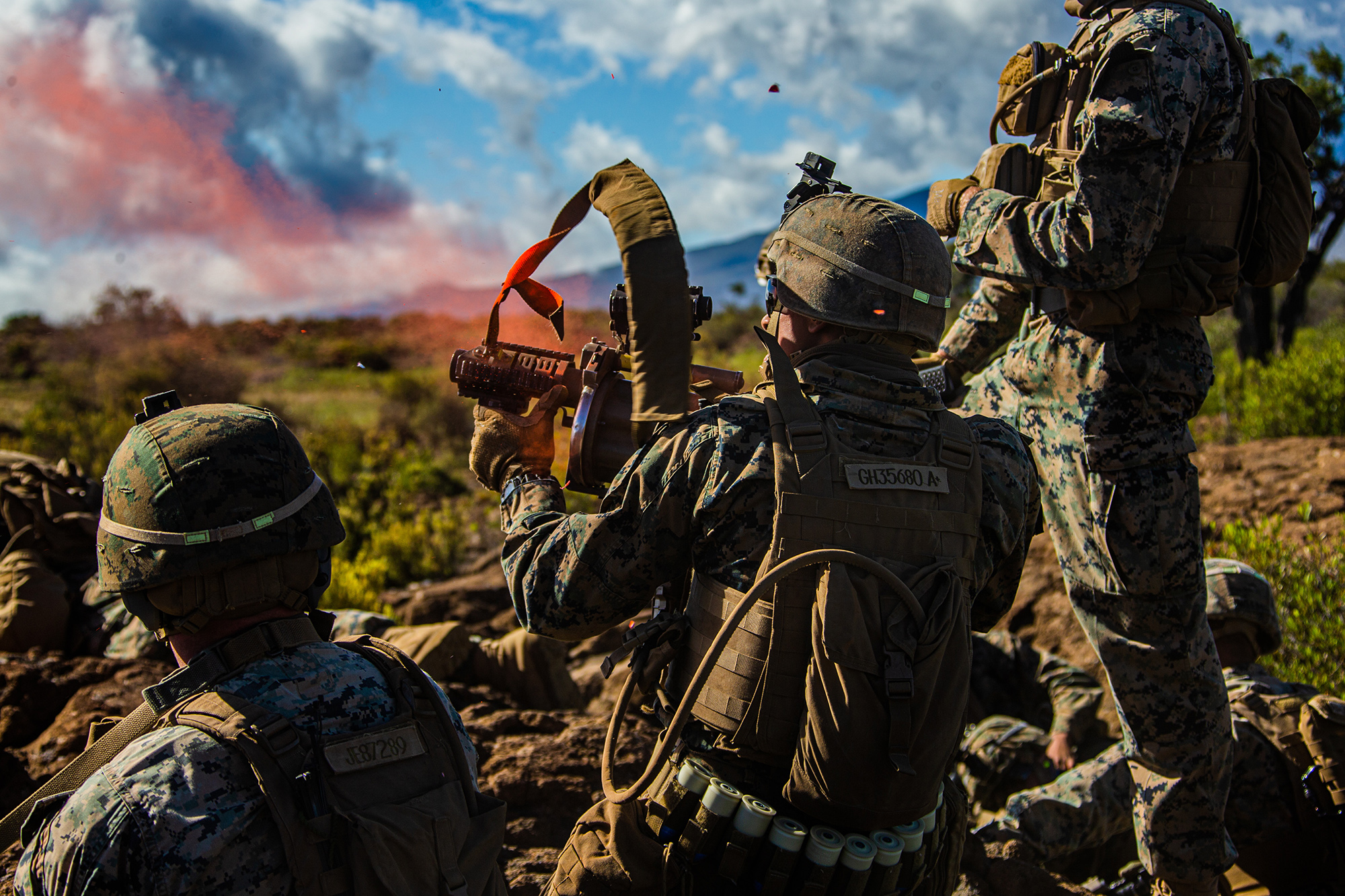A Marine fires a 203 grenade launcher during exercise Bougainville II at Pohakuloa Training Area, Hawaii, July 19, 2020. (Cpl. Jacob Wilson/Marine Corps)