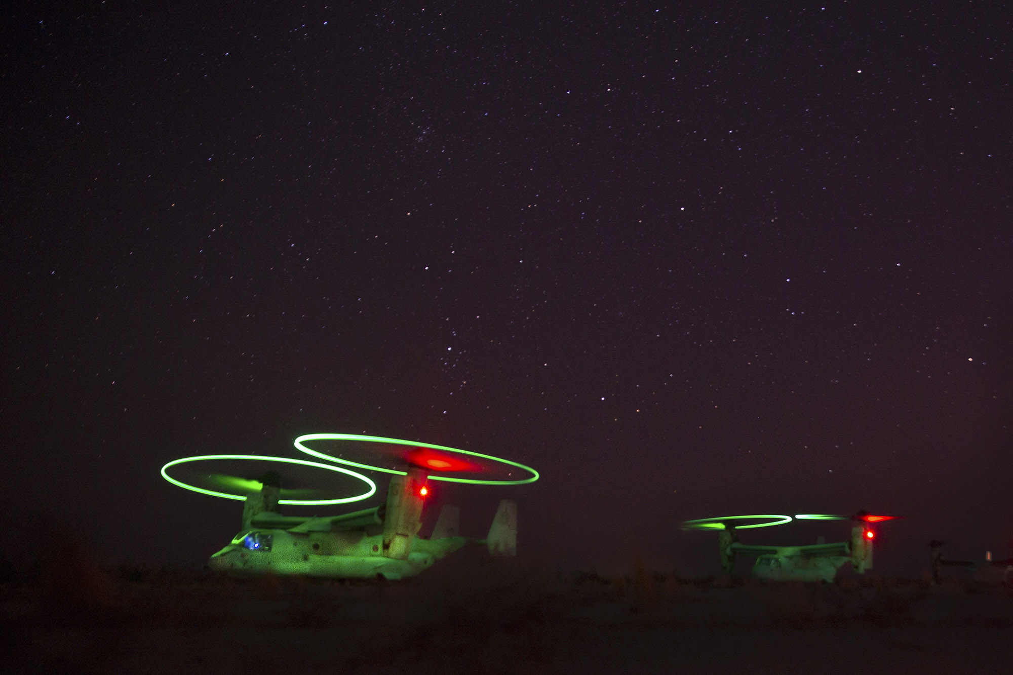 Marine Corps MV-22B Ospreys refuel Oct. 5, 2020, during static forward arming and refueling point training at Holtville Airfield in Holtville, Calif., Oct. 5, 2020. (Cpl. Sarah Taggett/Marine Corps)