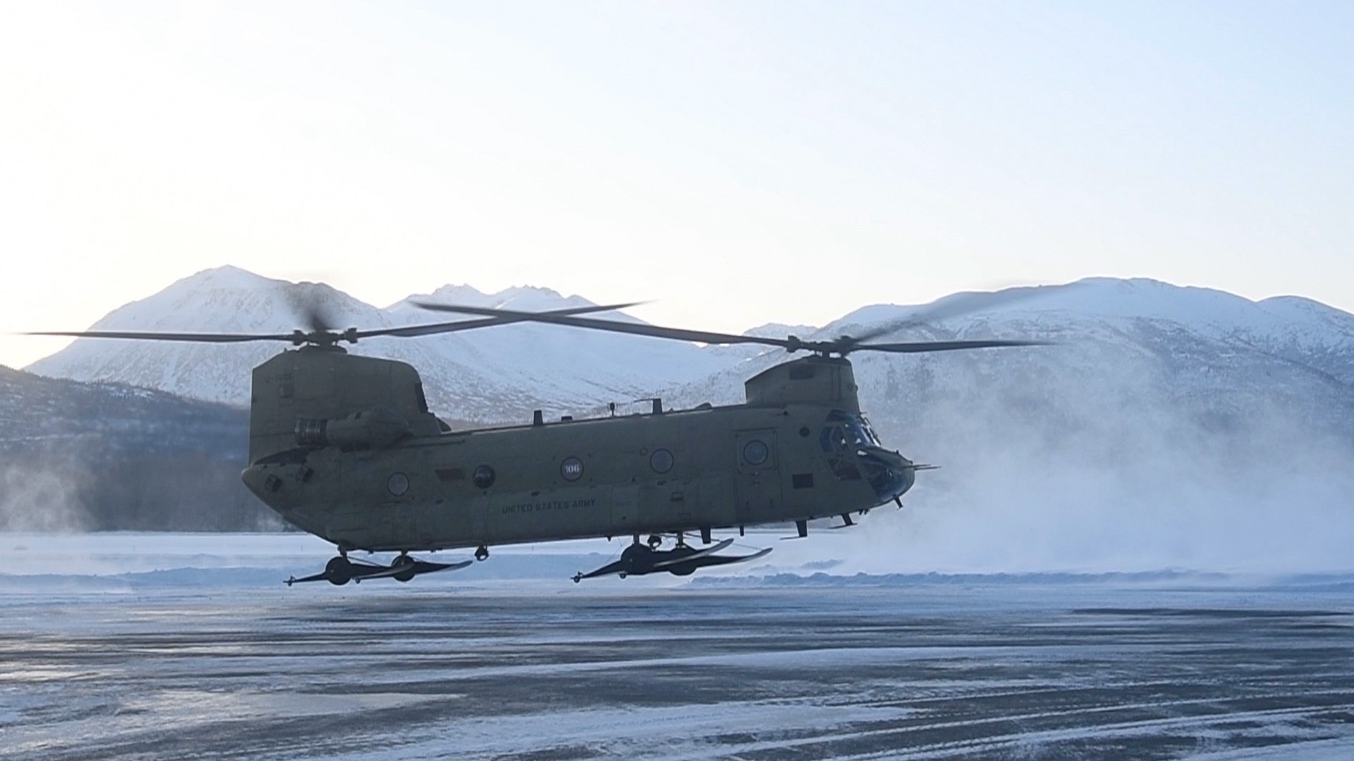 A U.S. Army National Guard CH-47 Chinook takes flight for exercise Arctic Eagle 2020 on Feb. 24, 2020, at Joint Base Elmendorf-Richardson, Alaska. The drill is meant to benefit homeland security and emergency response operations in the northern U.S. state. (Alaska National Guard)
