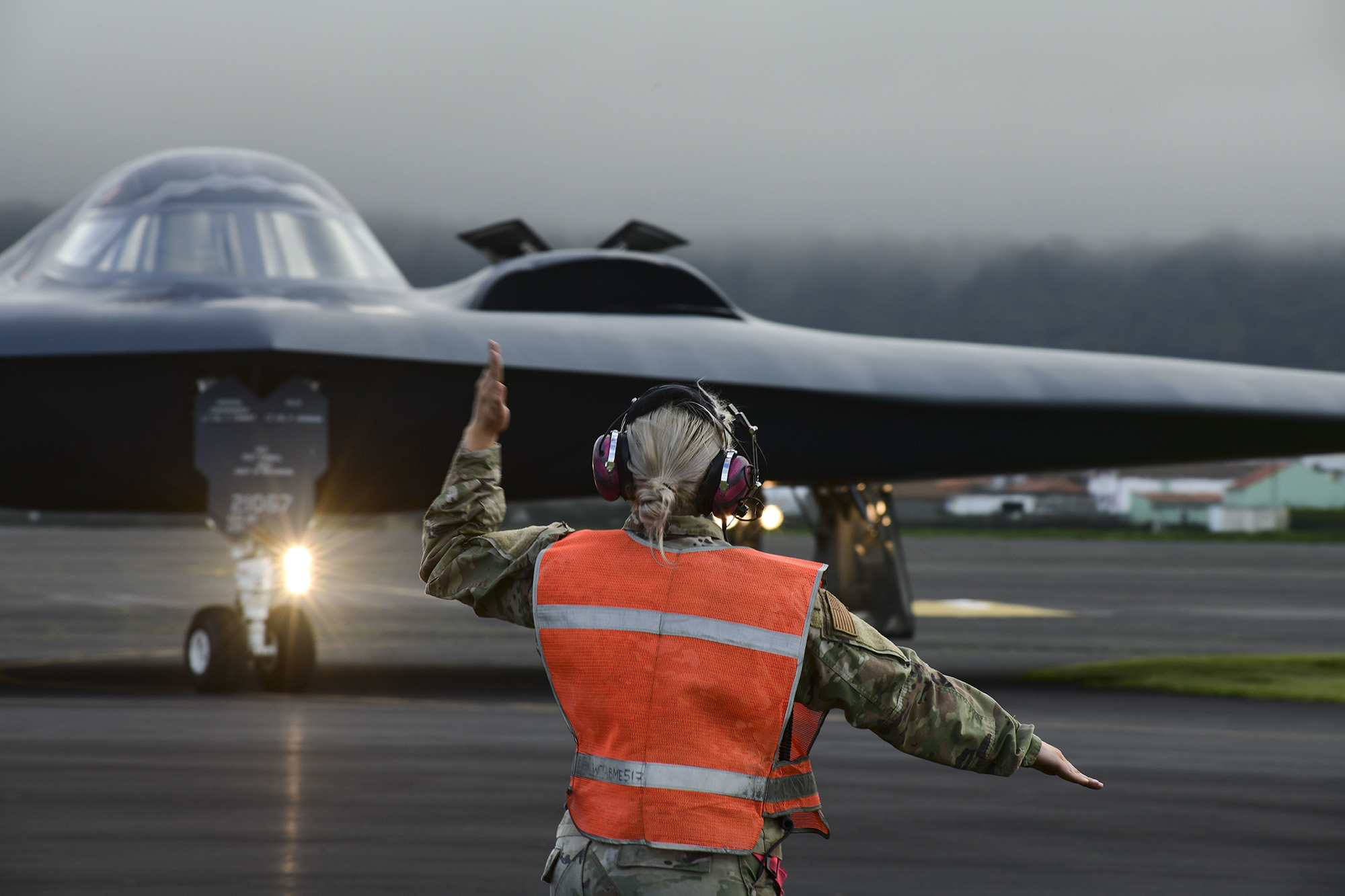 Three B-2 Spirit stealth bombers depart Lajes Field, Azores, March 16, 2021. The B-2s refueled at Lajes prior to supporting bomber task force missions in the Arctic region. (Tech. Sgt. Heather Salazar/Air Force)