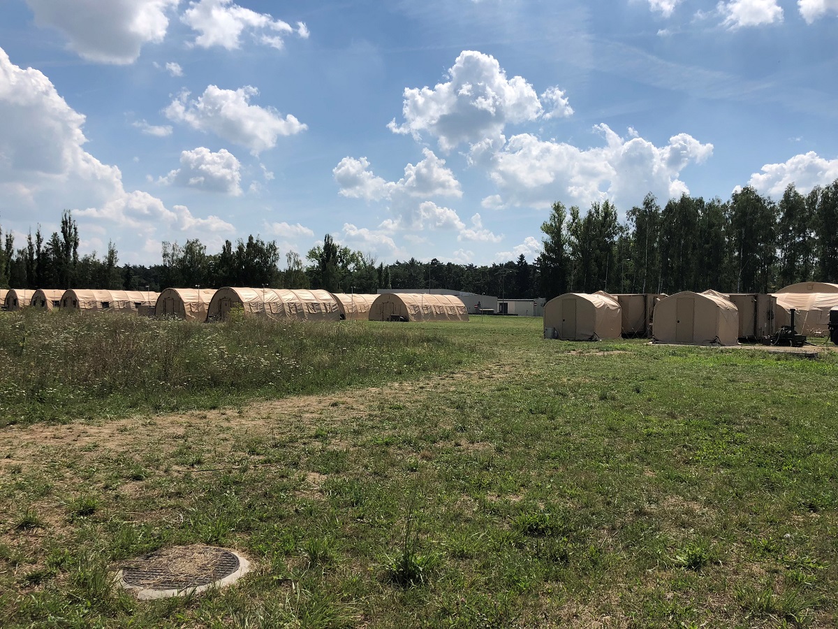 About 60 airmen from 14 different active, Reserve and Air National Guard units set up this tent city at Poland’s 31st Air Base during a July exercise meant to test a smaller, prototype version of the U.S. Air Force's deployable air base system, or DABS, construct. This camp is about one-fifth the scale of an actual DABS, exercise organizers say. (Valerie Insinna/Staff)