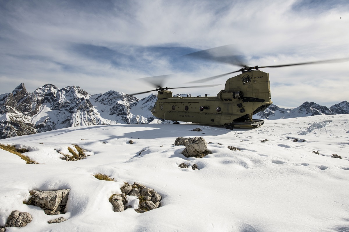 A CH-47F Chinook perches on a mountain in the Alps in Germany, Oct. 21, 2020. (Staff Sgt. Garrett L. Dipuma/Army National Guard)
