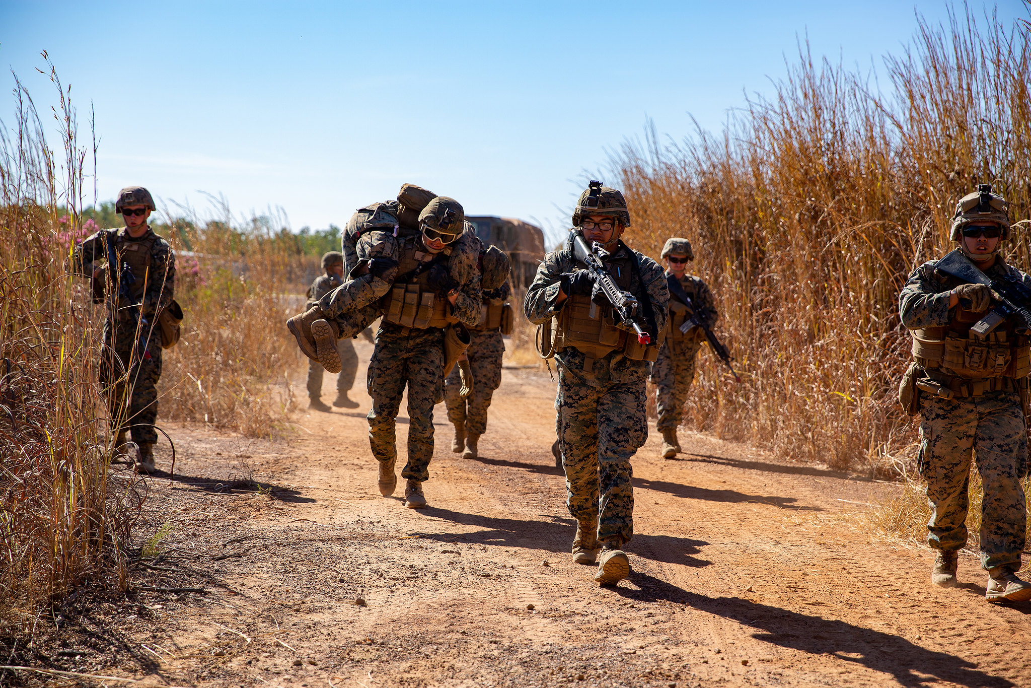 U.S. Marines with Logistics Combat Element, Marine Rotational Force - Darwin, conduct patrol and ambush exercises at Robertson Barracks, NT, Australia, July 14, 2020. (Lance Cpl. Natalie Greenwood/Marine Corps)