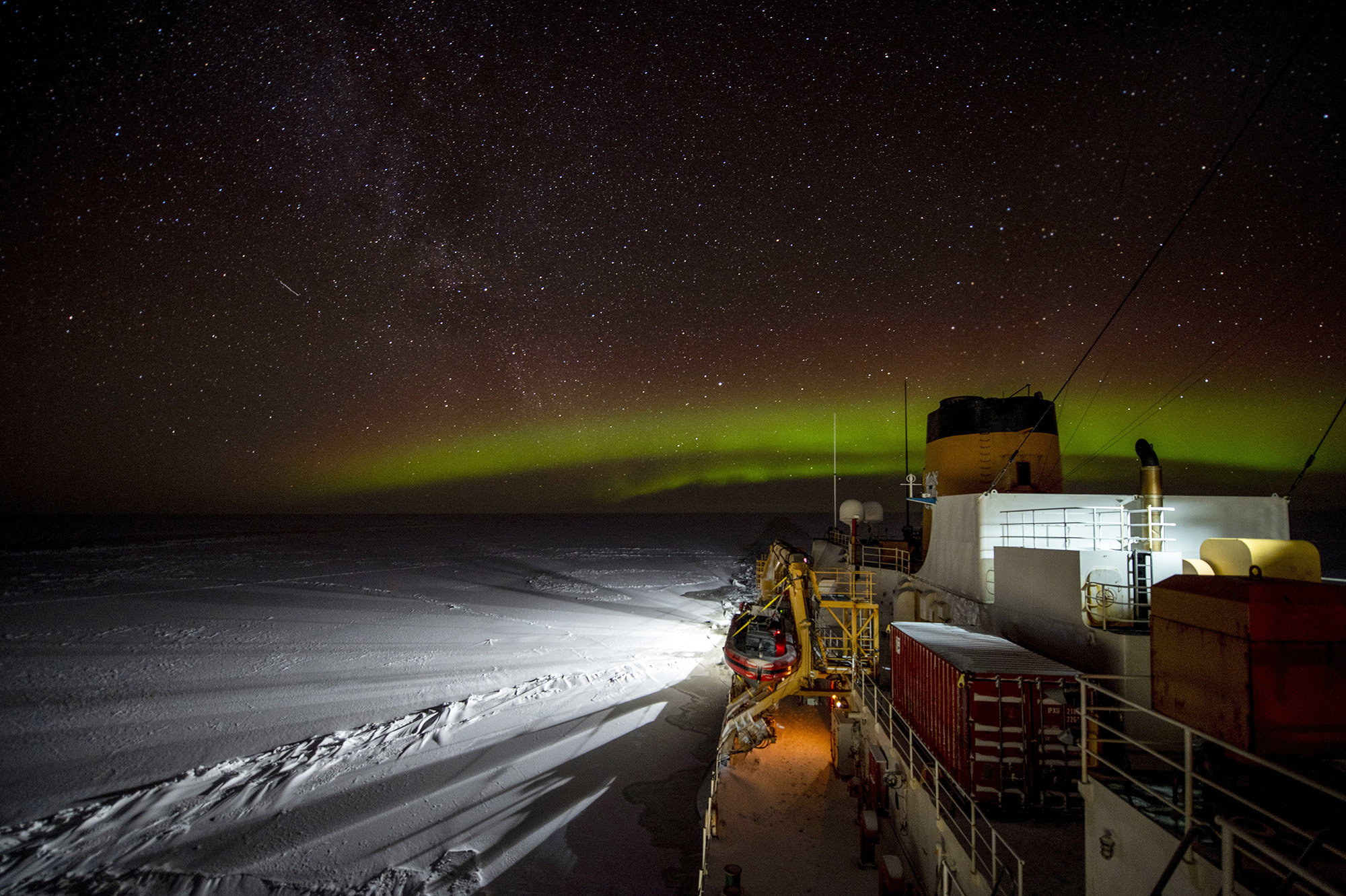 The Coast Guard Cutter Polar Star (WAGB 10) transits south in the Bering Strait early Jan. 19, 2021. The 45-year-old heavy icebreaker is underway to project power and support national security objectives throughout Alaskan waters and into the Arctic, including along the Maritime Boundary Line between the United States and Russia. (Petty Officer 1st Class Cynthia Oldham/Coast Guard)