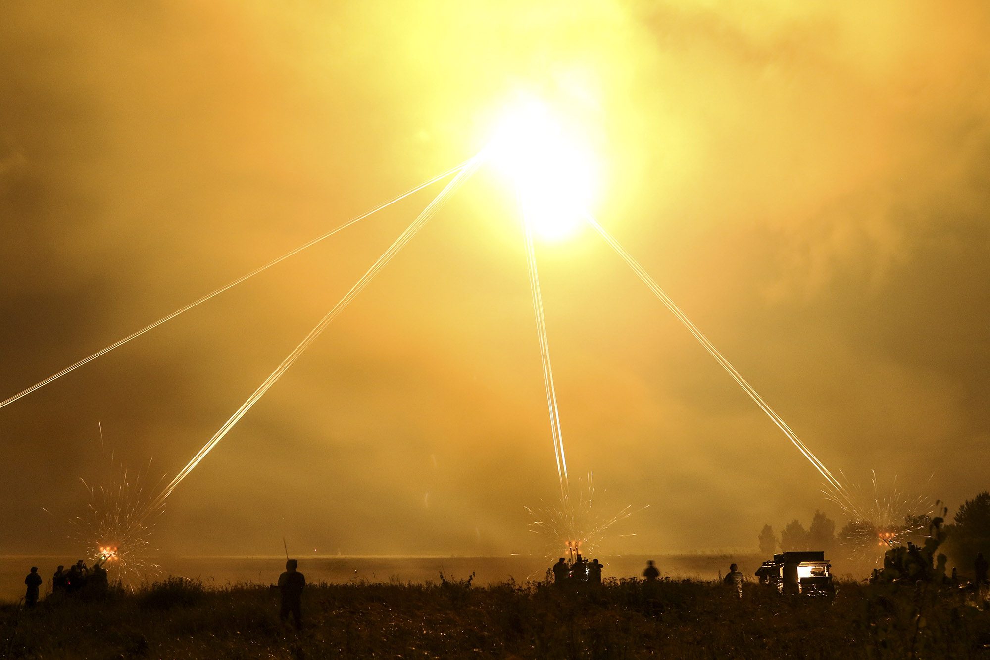 Romanian and U.S. soldiers shoot air defense weapons during a training exercise in Bemowo Piskie, Poland, Aug. 28, 2020. (Staff Sgt. Kulani Lakanaria/Army)