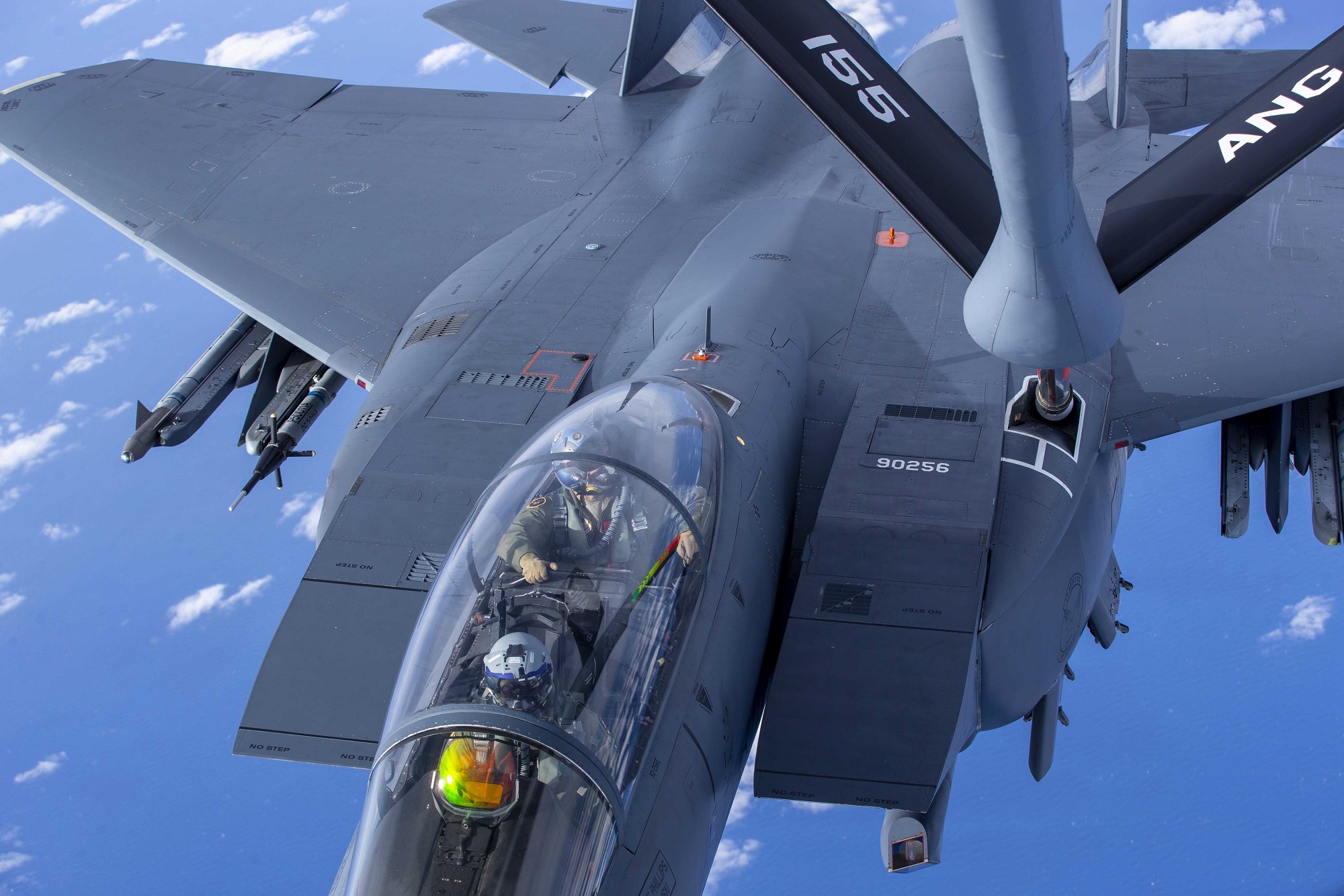 An Air Force F-15E Strike Eagle prepares to receive fuel from a KC-135 Stratotanker during Emerald Flag over the Gulf of Mexico, Dec. 3, 2020. (Staff Sgt Joshua Hoskins/Air Force)