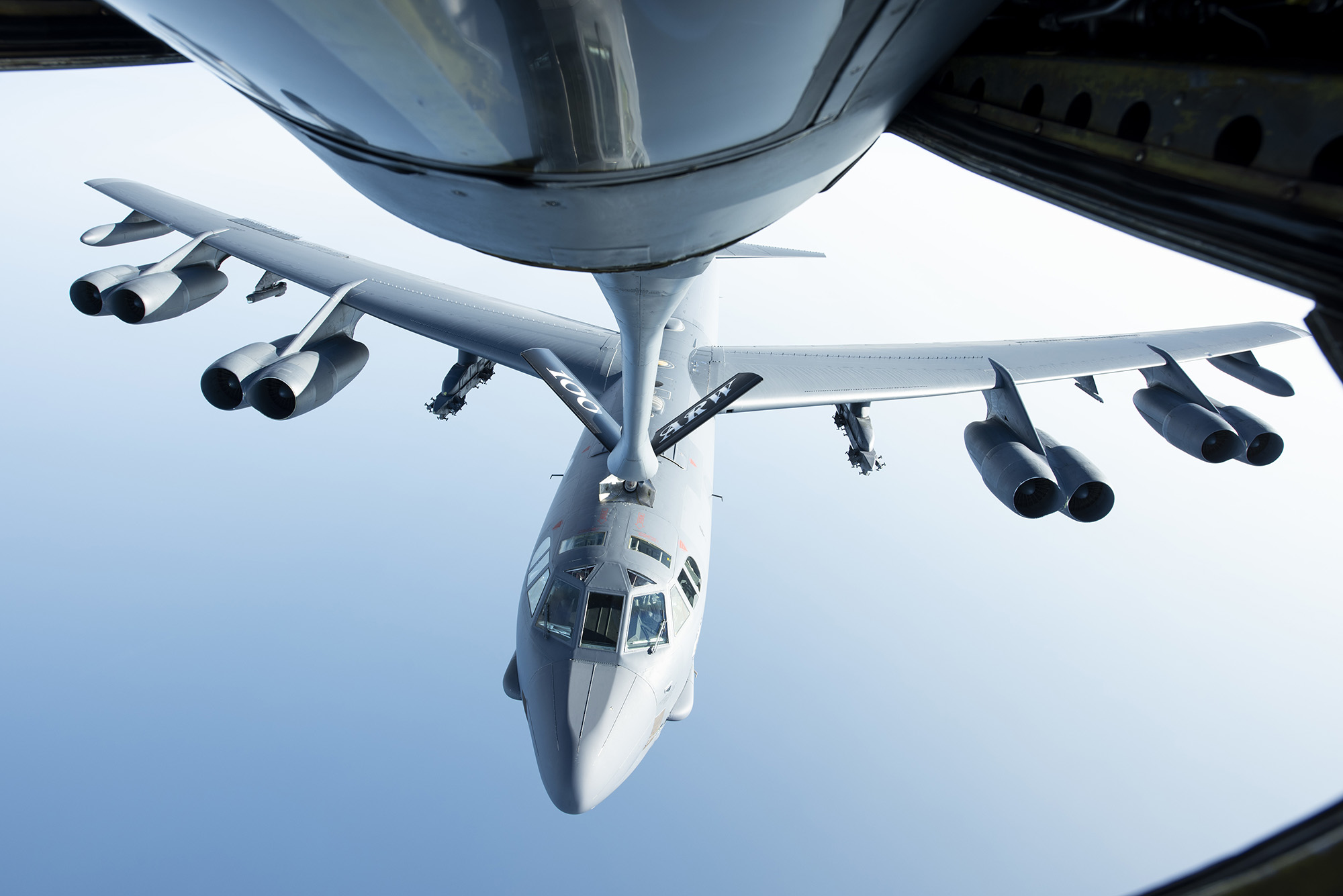 A U.S. Air Force B-52H Stratofortress flies below a KC-135 Stratotanker after receiving fuel above the Mediterranean Sea in support of a Bomber Task Force Europe mission, Sept. 16, 2020. (Senior Airman Jennifer Zima/Air Force)