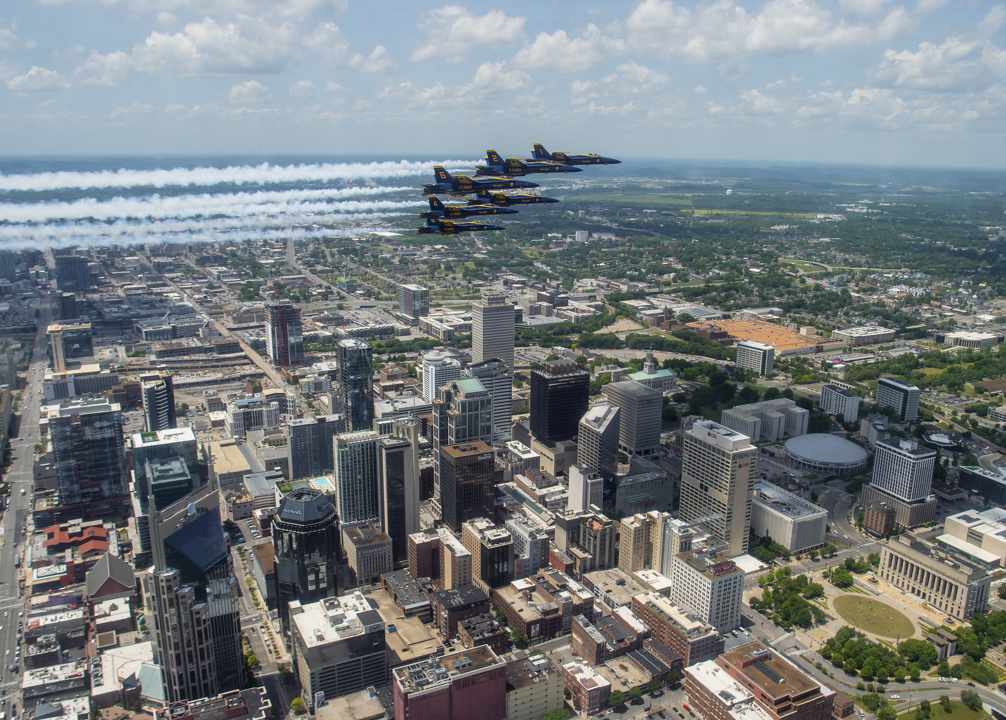 The U.S. Navy Flight Demonstration Squadron, the Blue Angels, honored frontline COVID-19 first responders and essential workers with formation flights over Nashville and Little Rock on May 14, 2020. (MC2 Cody Hendrix/Navy)