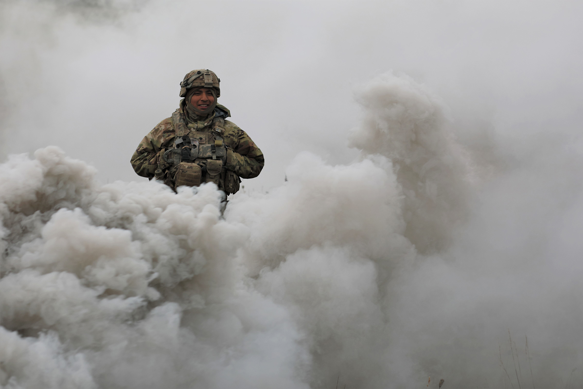 A soldier assigned to 3rd Battalion, 67th Armor Regiment walks through smoke on the battlefield on Sept. 26, 2020, at Hohenfels Training Area, Germany, as part of Combined Resolve XIV. (Dr. Joyce Costello/Army)