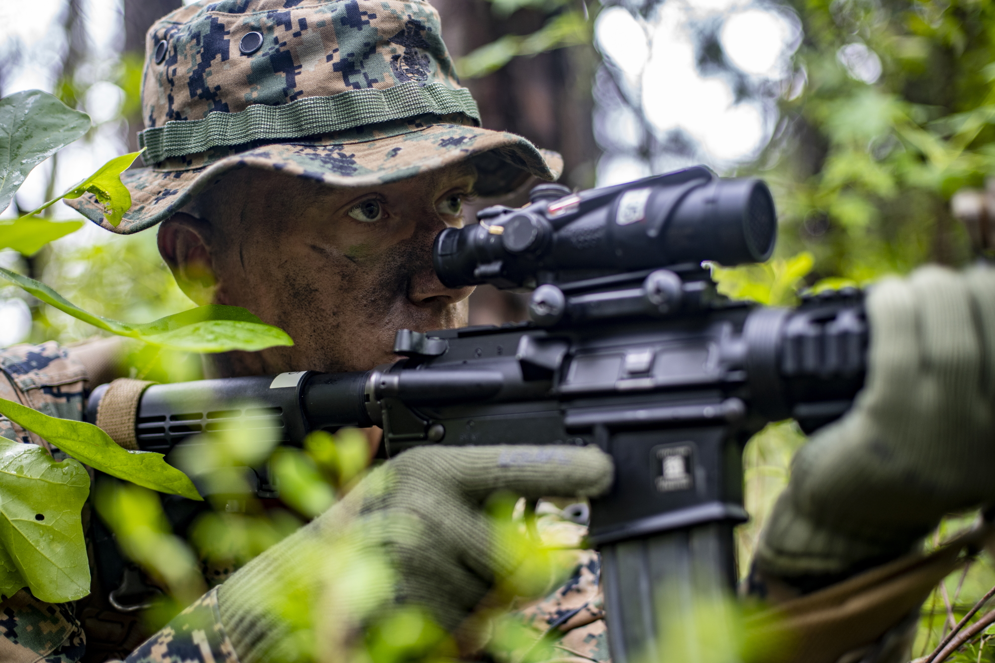 Cpl. Geoffrey Daily, a field radio operator with Special Purpose Marine Air-Ground Task Force - Southern Command, provides security during a field exercise at Camp Lejeune, N.C., May 6, 2020. (Sgt. Andy O. Martinez/Marine Corps)