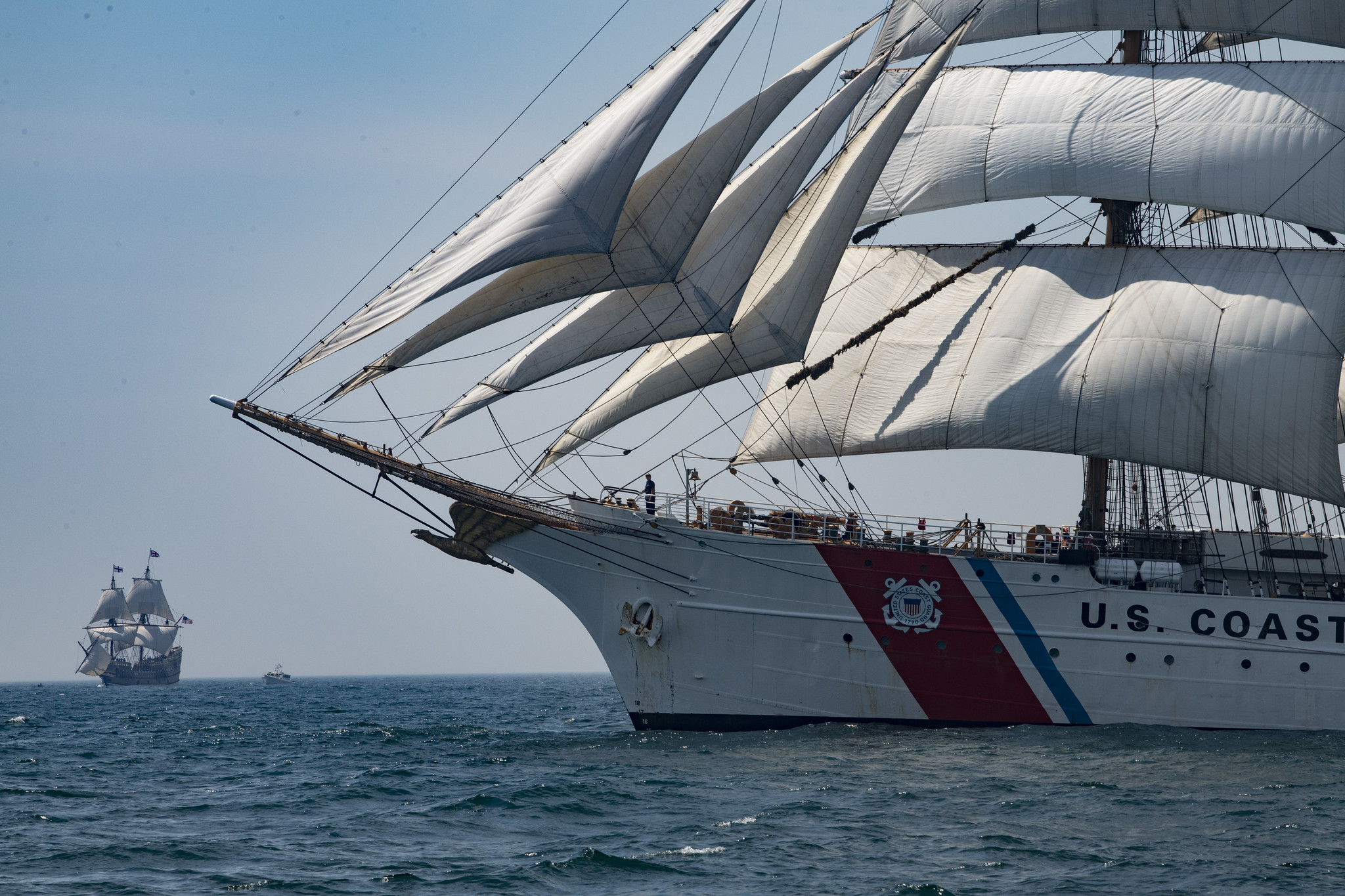 Coast Guard Cutter Barque Eagle sails with the Mayflower II through Block Island Sound, July 30, 2020. (Petty Officer 3rd Class Matthew Thieme/Coast Guard)