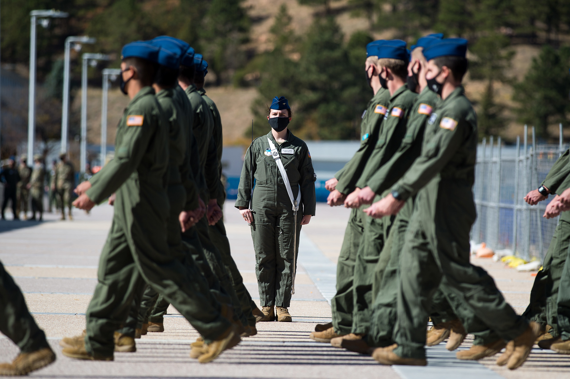 Air Force cadets march during noon meal formation Oct. 9, 2020, on the Academy's Terrazzo at the U.S. Air Force Academy in Colorado Springs, Colo. (Trevor Cokley/Air Force)
