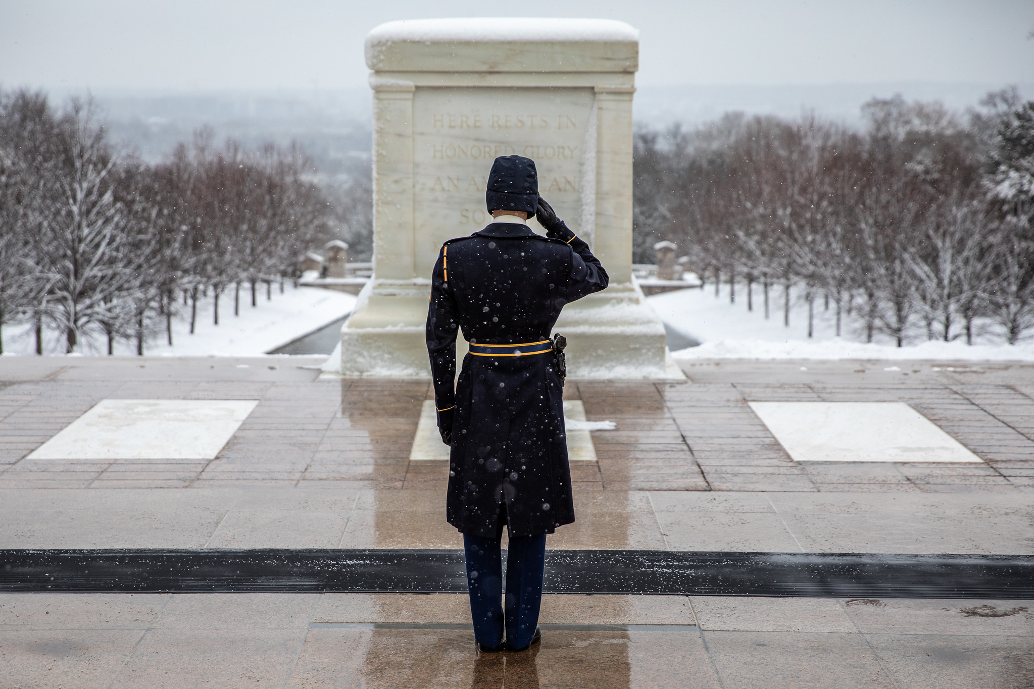 Soldiers assigned to the Tomb of the Unknown Soldier, Headquarters and Headquarters Co., 4th Battalion, 3d U.S. Infantry Regiment (The Old Guard) maintain their 83-year vigil at the Tomb of the Unknown Soldier, Arlington National Cemetery, Arlington, Va., Feb. 2, 2021. (Sgt. Jacob Holmes/Army)