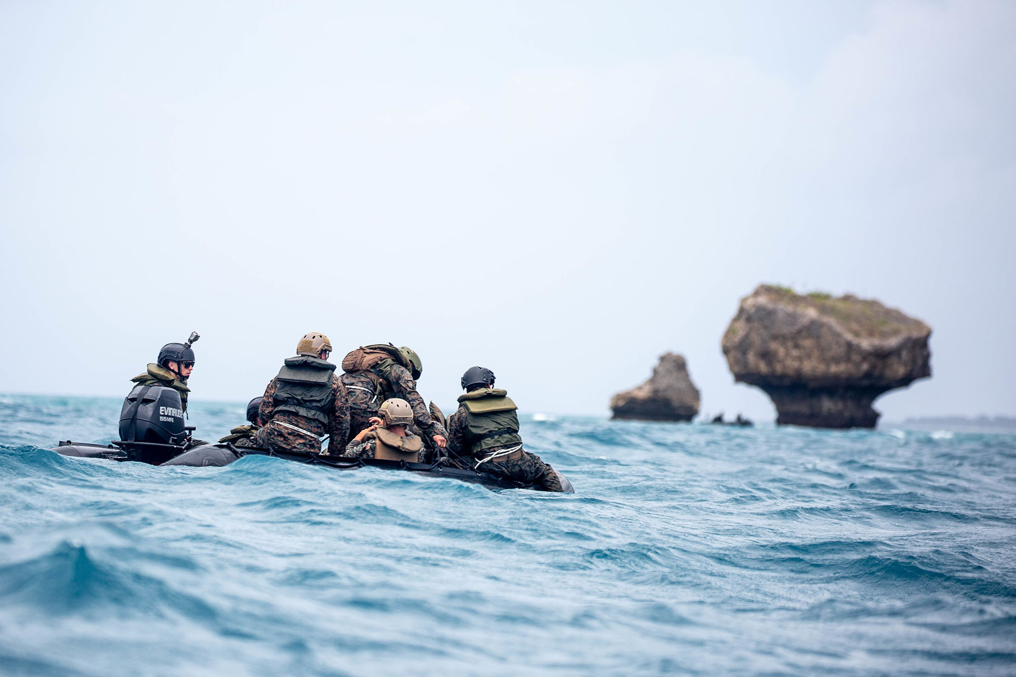 Marines navigate combat rubber raiding craft during small boat tactics training at White Beach Naval Facility in Okinawa, Japan, May 27, 2021. (Sgt. Cody Rowe/Marine Corps)
