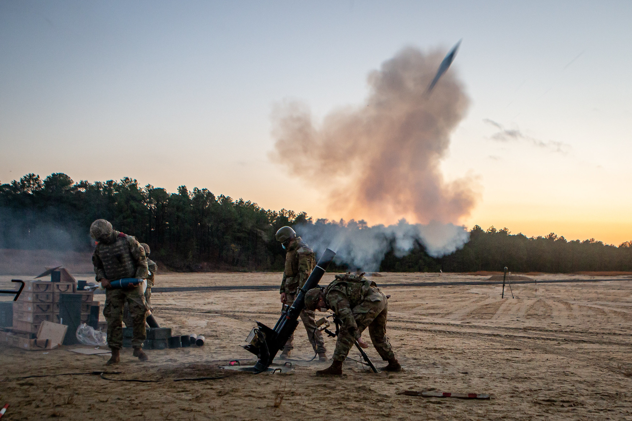 U.S. Army soldiers with the 2nd Battalion, 113th Infantry Regiment, New Jersey Army National Guard, fire the 120mm mortar system on Joint Base McGuire-Dix-Lakehurst, N.J., Nov. 13, 2020. (Spc. Michael Schwenk/Army National Gaurd)