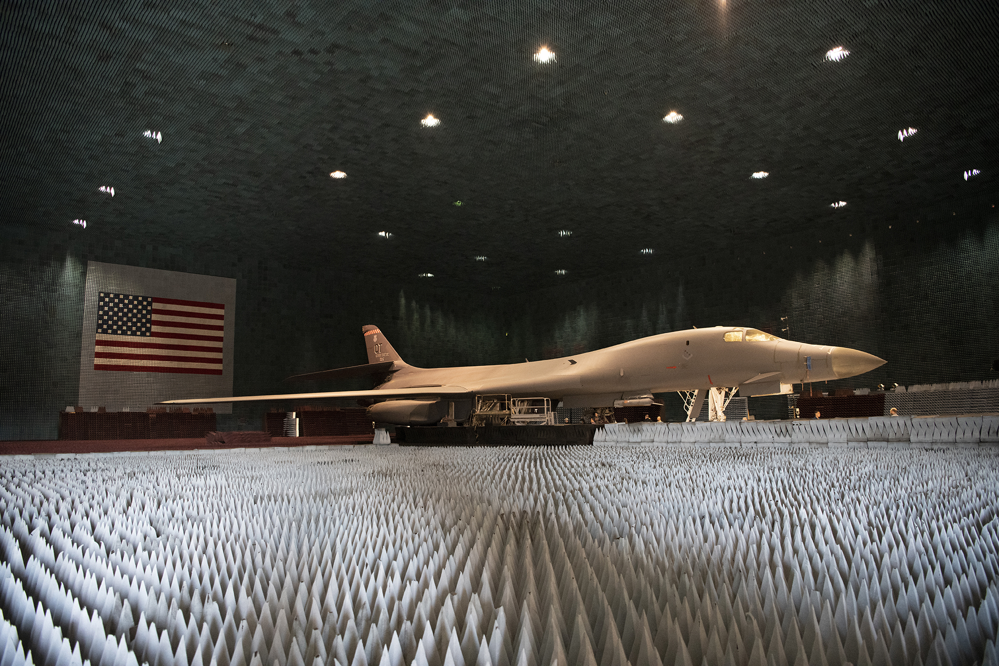 Ground crews move a B-1B Lancer into position at the Benefield Anechoic Facility on Edwards Air Force Base, Calif., May 20, 2021. The B-1B, assigned to the 337th Test and Evaluation Squadron, 53rd Wing, out of Dyess AFB, Texas, will be used to conduct testing of Pre-processor Flight Software 6.42. (1st Lt. Christine Saunders/Air Force)