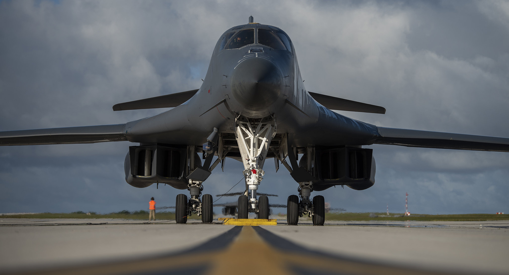 A 9th Expeditionary Bomb Squadron B-1B Lancer waits to park at Andersen Air Force Base, Guam, May 14, 2020, after completing a training mission in the East China Sea. (Senior Airman River Bruce/Air Force)