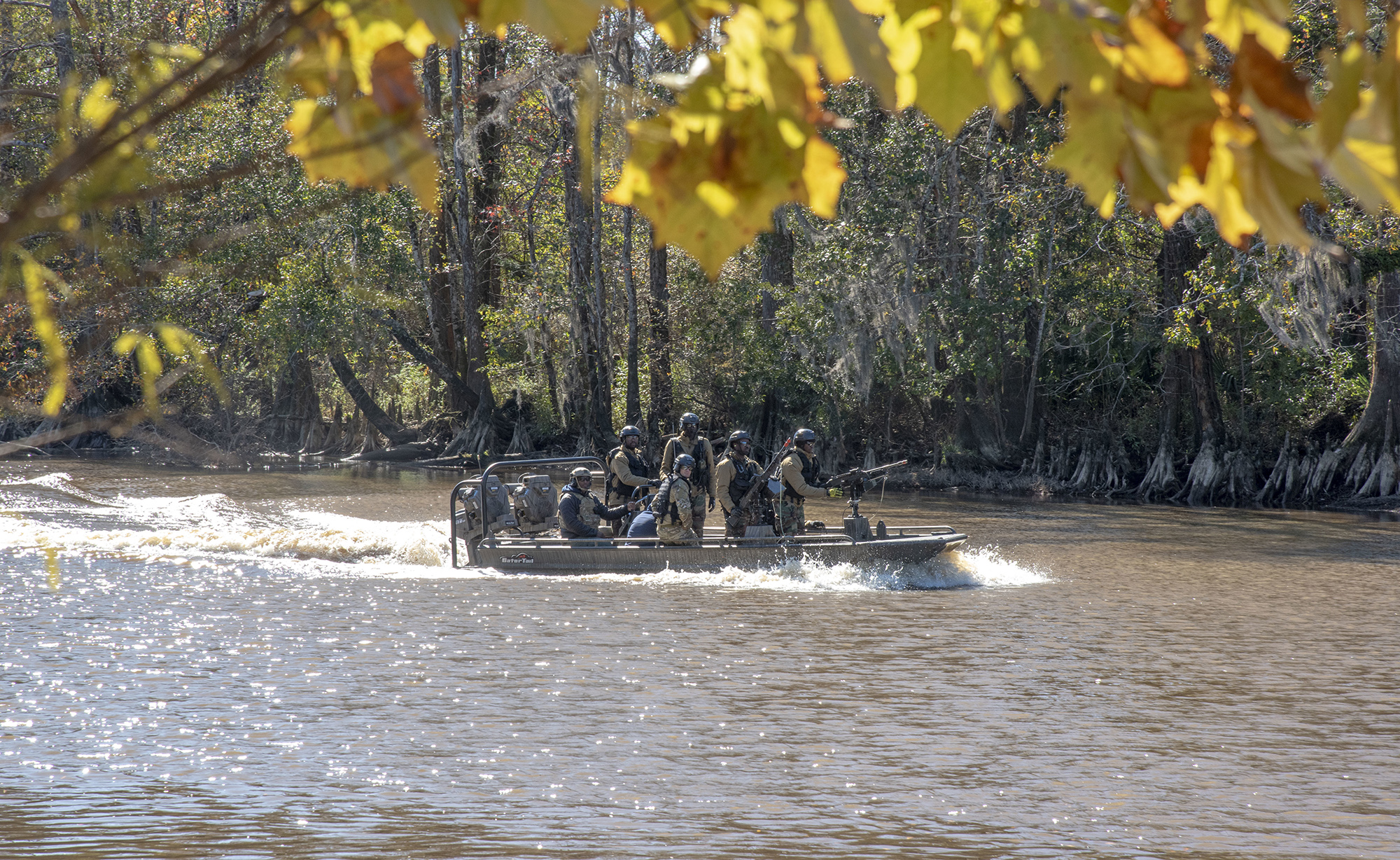 Naval Small Craft Instruction and Technical Training School students from Africa Command participate in a Patrol Craft Officer Riverine training exercise on the Pearl River near the John C. Stennis Space Center in Mississippi, Dec. 2, 2020. (Michael Williams/Navy)