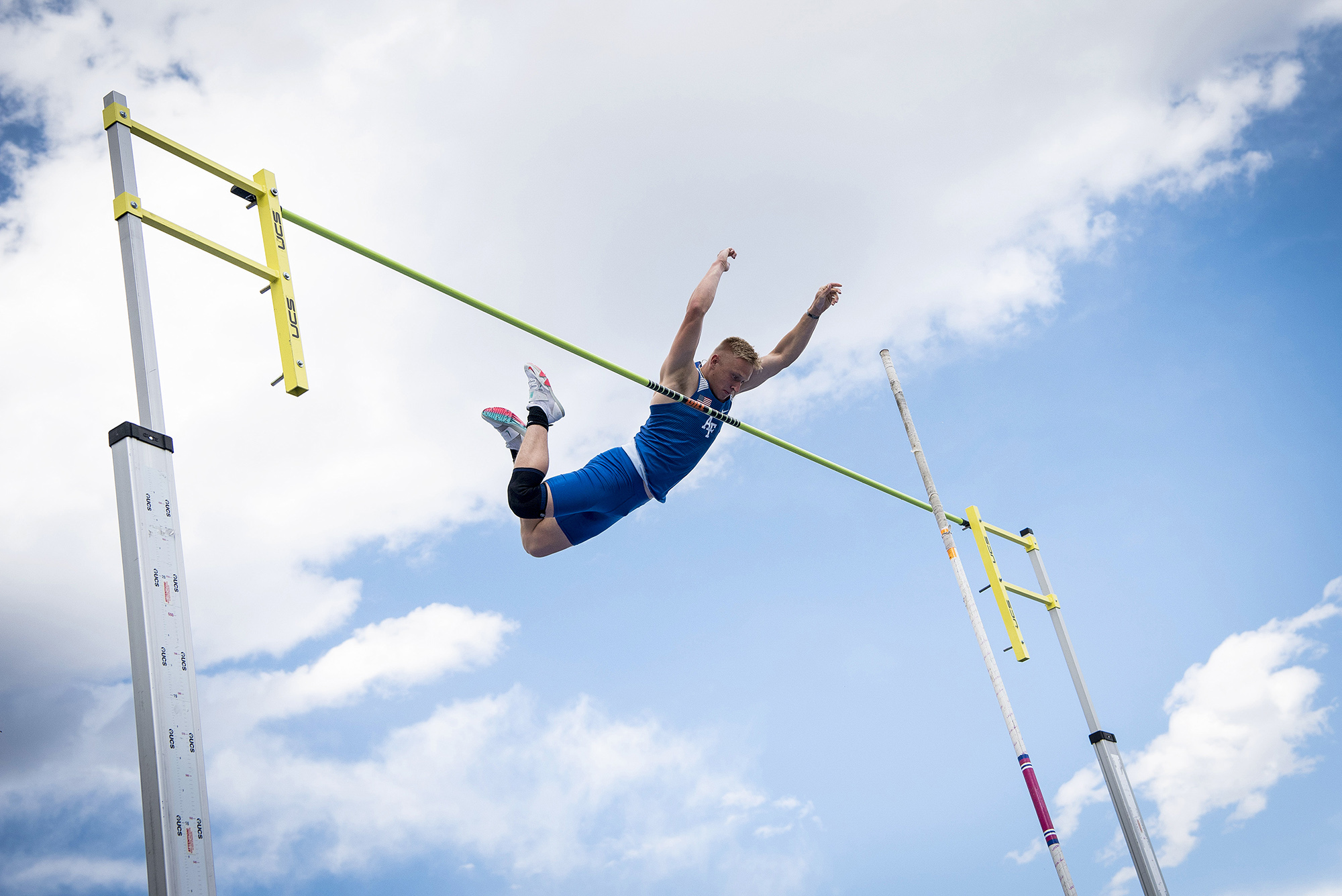 Air Force’s Tyler Gurchiek competes in the men’s pole vault during the Twilight Open at the U.S. Air Force Academy’s Cadet Outdoor Track and Field Complex in Colorado Spring, Colo., May 7, 2021. Gurchiek cleared a vault of 14’ 1 1/4” during the competition. (Joshua Armstrong/Air Force)