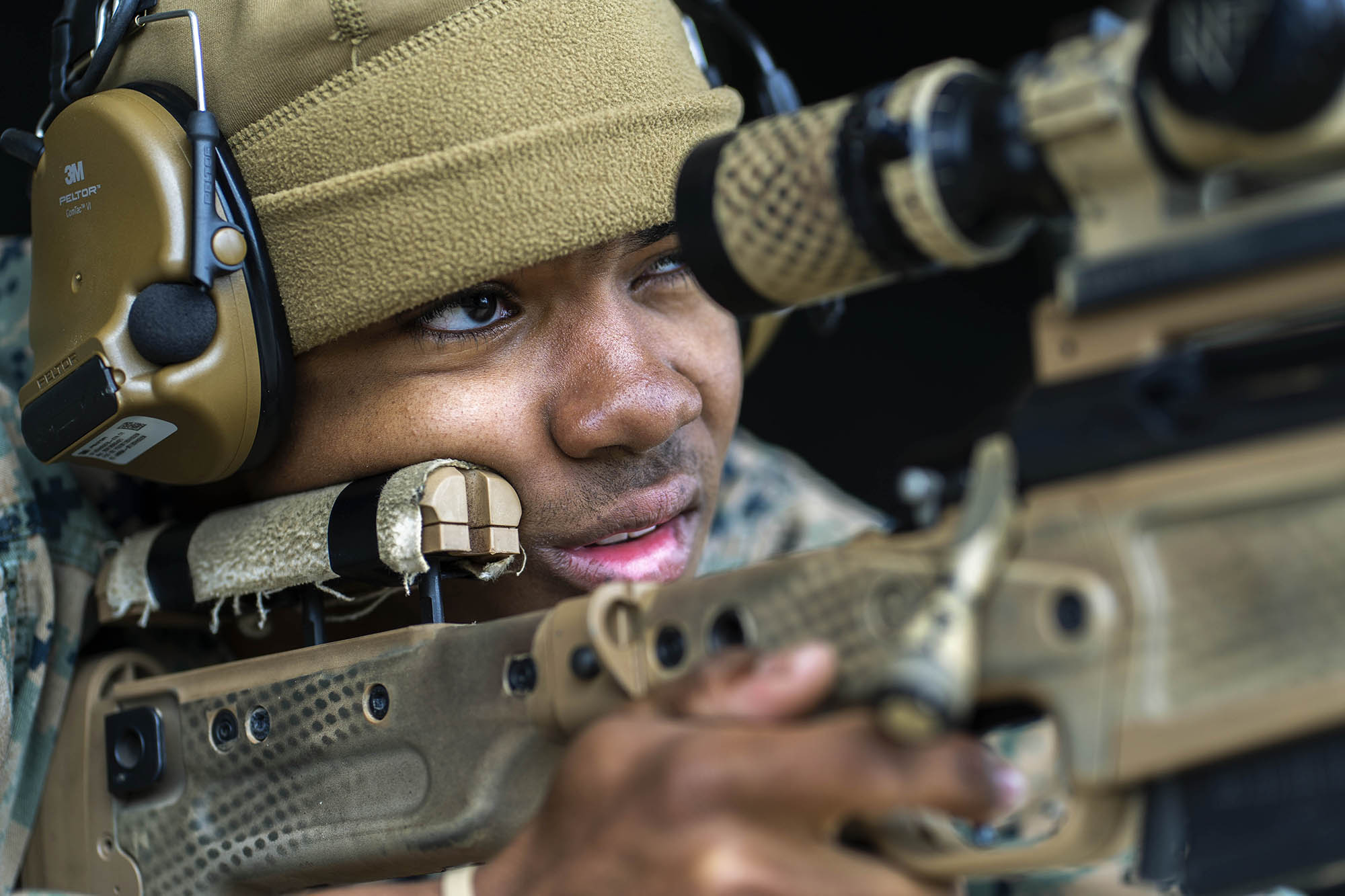 U.S. Marine Corps Lance Cpl. Jeremiah Riley-Caldwell fires an Mk13 Mod7 sniper rifle on Jan. 28, 2021, during a pre-sniper qualification course at Camp Hansen, Okinawa. (Lance Cpl. Juan Carpanzano/Marine Corps)