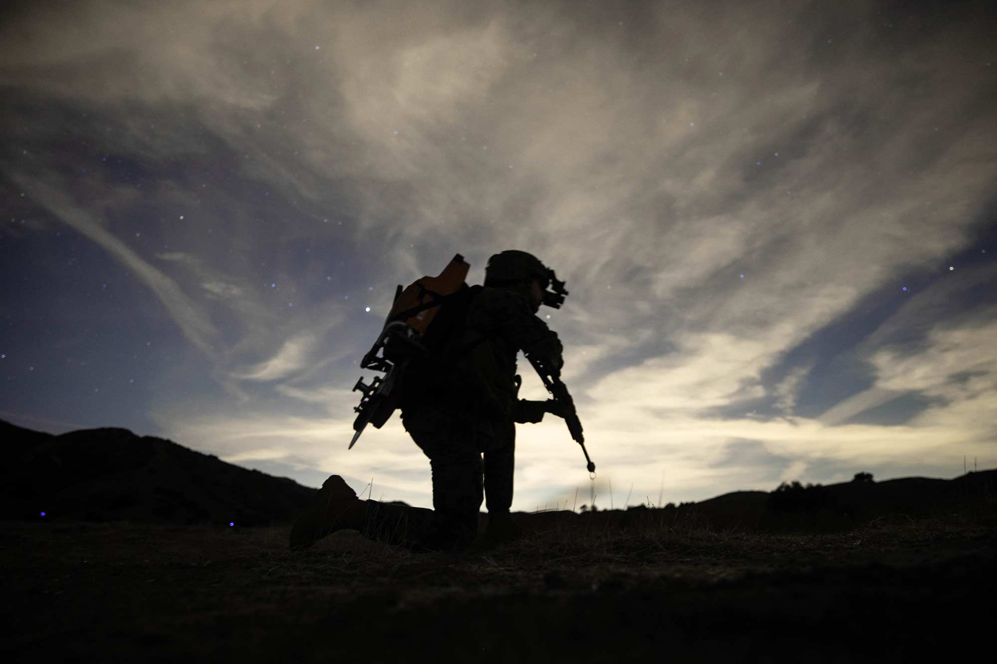 U.S. Marine Corps Lance Cpl. Michael Wick provides security during a Tactical Recovery of Aircraft and Personnel (TRAP) exercise at Marine Corps Base Camp Pendleton, Calif., Dec. 16, 2020. (Sgt. Jennessa Davey/Marine Corps)