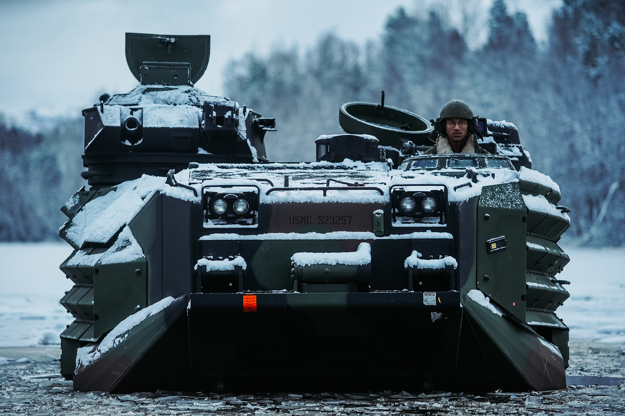 U.S. Marines conduct a safety of use memorandum on an assault amphibious vehicle in preparation for Exercise Reindeer II, Reindeer I, and Joint Viking in Setermoen, Norway, Nov. 19, 2020. (Cpl. William Chockey/Marine Corps)