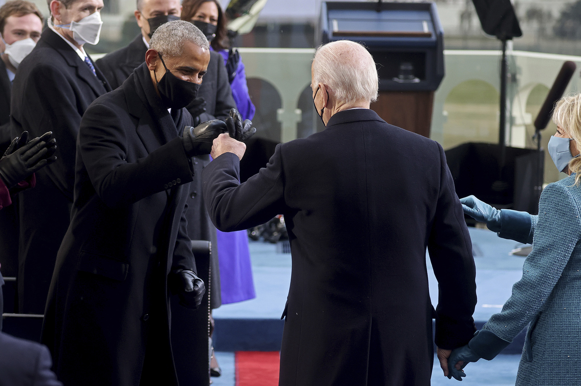 President-elect Joe Biden bumps fists with former President Barack Obama during Biden's inauguration, Wednesday, Jan. 20, 2021, at the U.S. Capitol in Washington. (Pool Photo via AP)