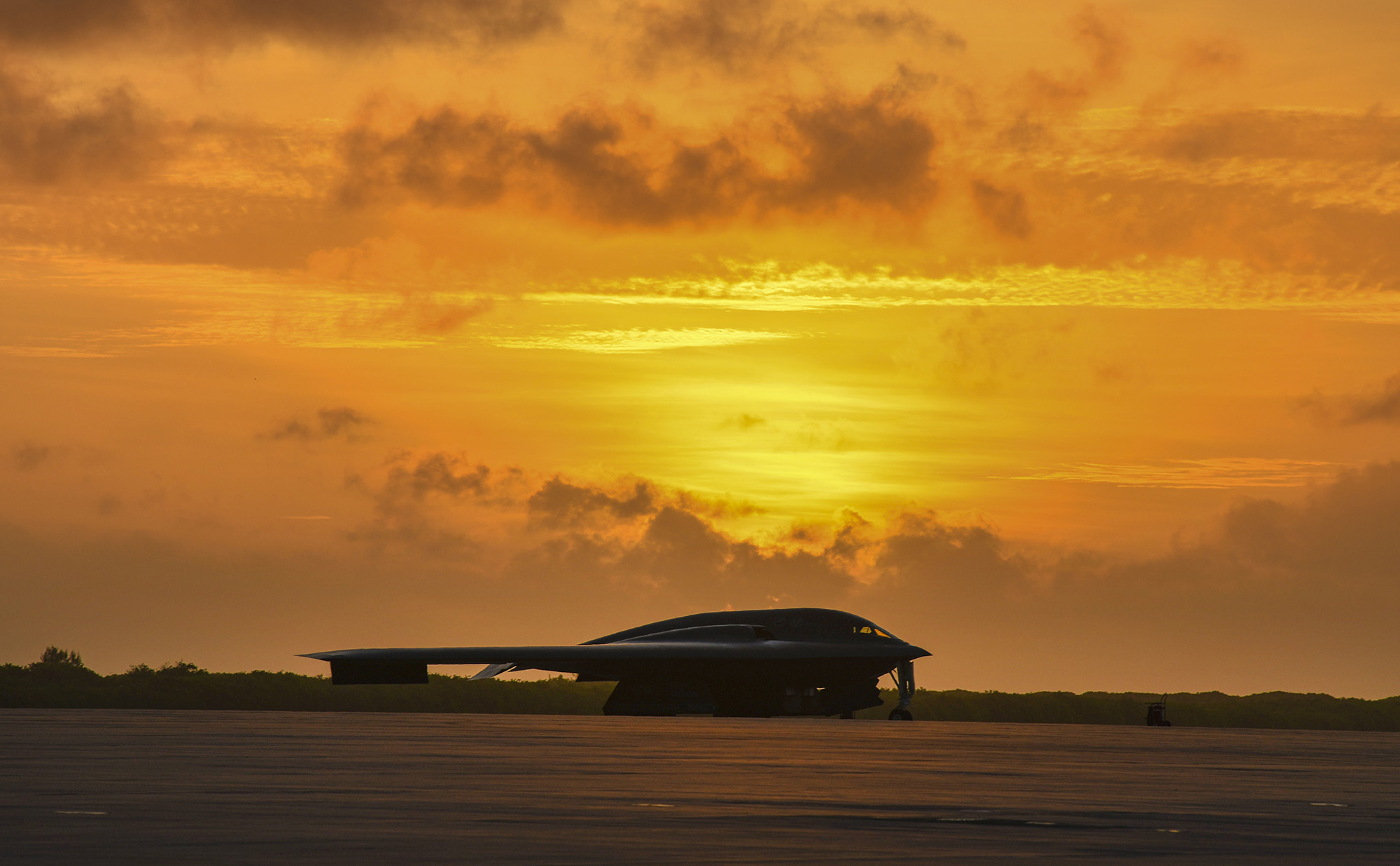A B-2 Spirit sits on the flightline of Naval Support Facility Diego Garcia in support of a Bomber Task Force deployment, Aug. 24, 2020. (Tech. Sgt. Heather Salazar/Air Force)