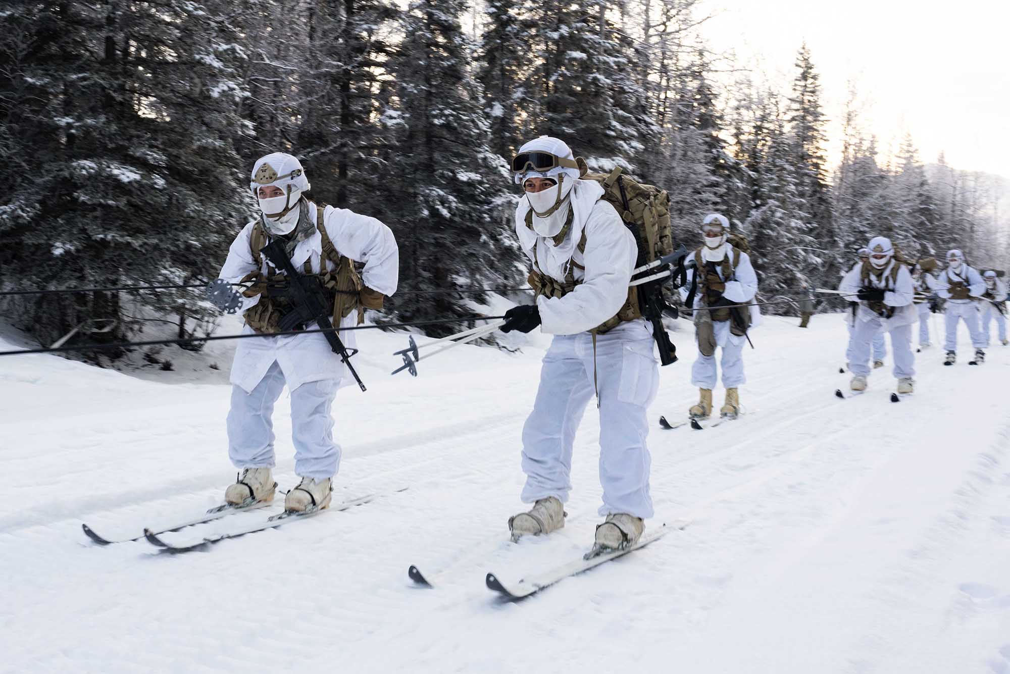 Army paratroopers assigned to Headquarters and Headquarters Company, 1st Battalion, 501st Parachute Infantry Regiment, 4th Infantry Brigade Combat Team (Airborne), 25th Infantry Division, U.S. Army Alaska, hold onto a rope secured to the back of Small Unit Sustainment Vehicle during a skijoring exercise at Joint Base Elmendorf-Richardson, Alaska, Jan. 27, 2021. (Alejandro Peña/Air Force)