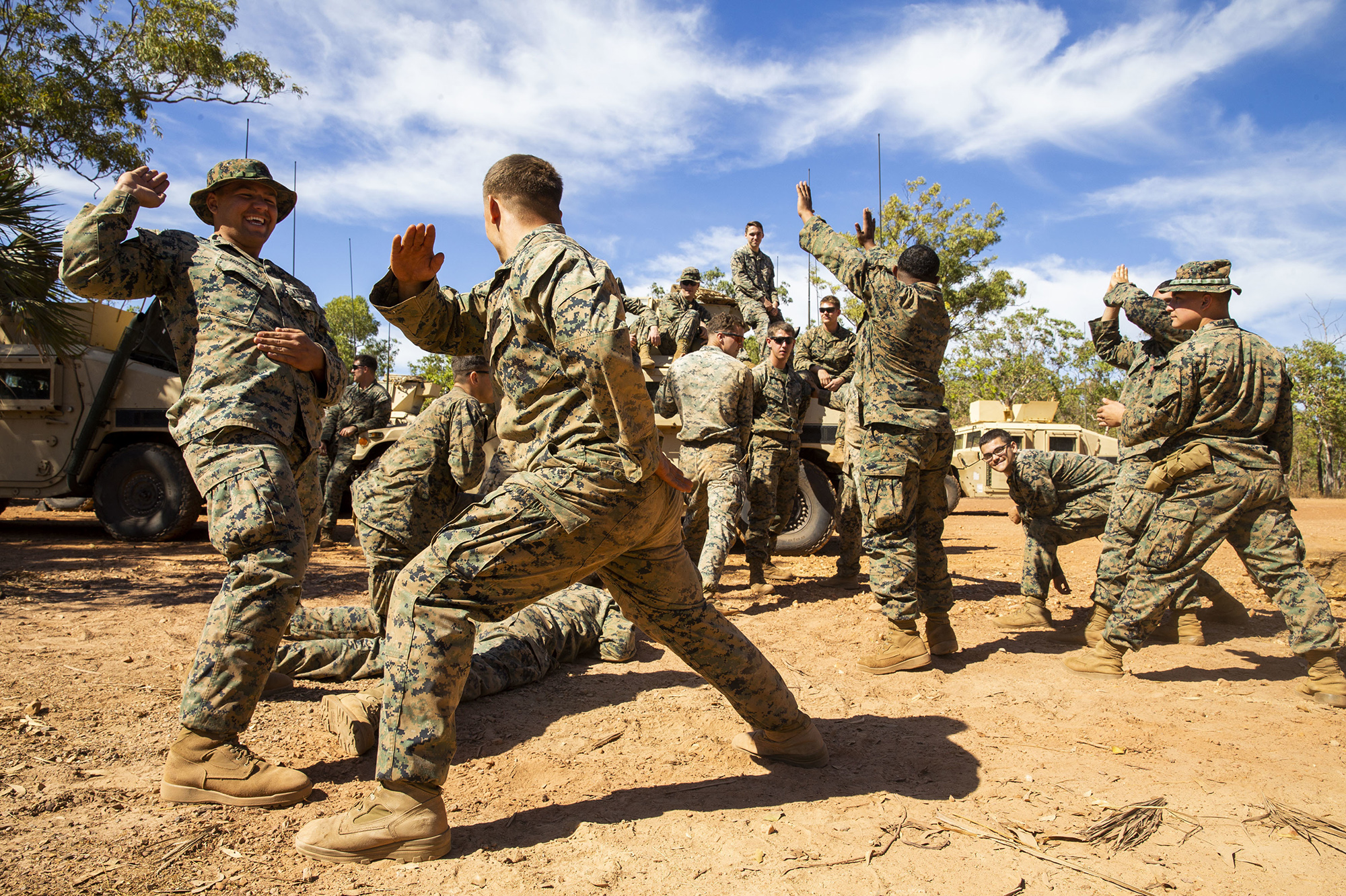 U.S. Marine Corps Lance Cpls. Jarom Hofmann and Jonathan Steed take a break from training at Kangaroo Flats Training Area, Northern Territory, Australia, July 27, 2020. (Cpl. Harrison Rakhshani/Marine Corps)