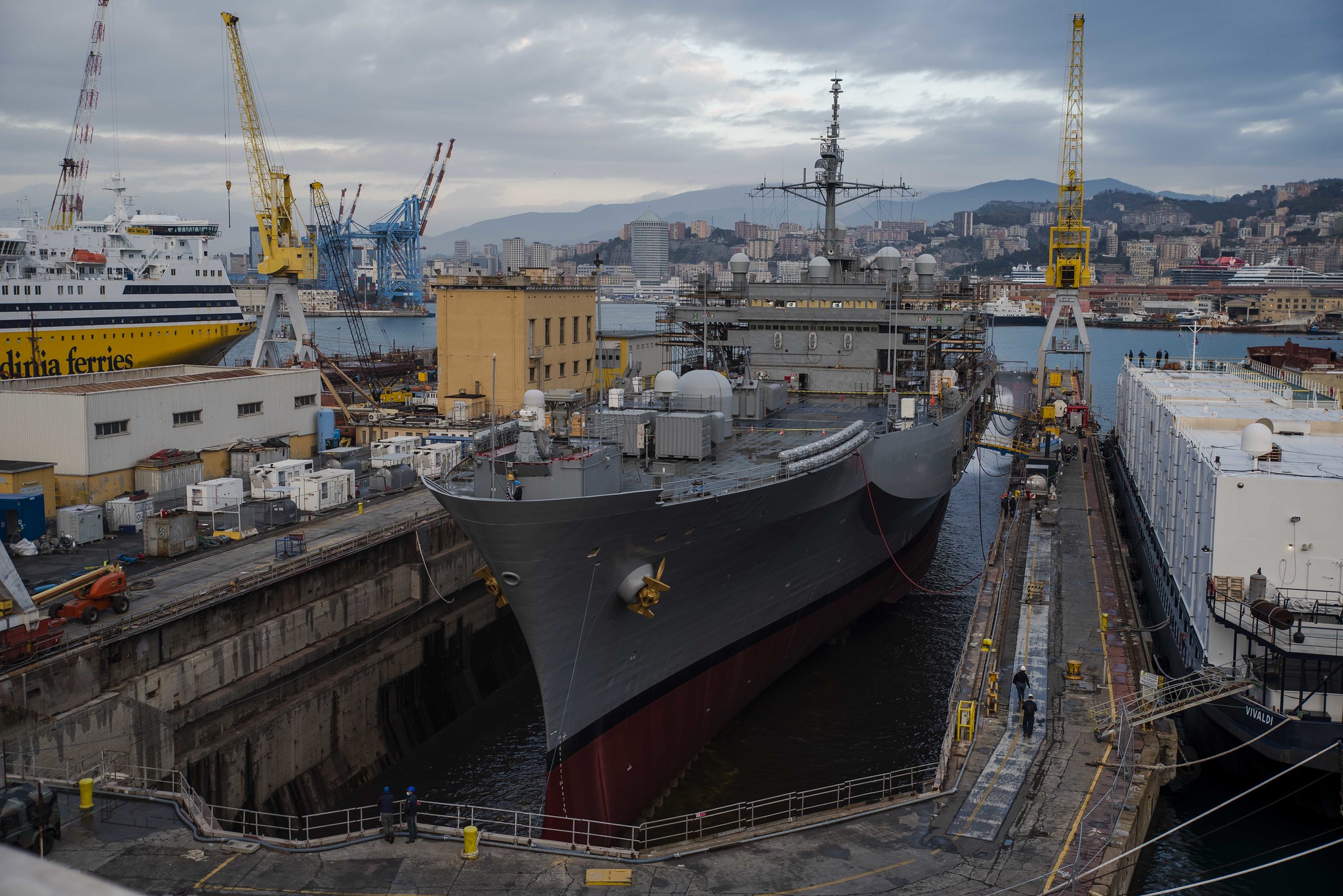 The dock around the Blue Ridge-class command and control ship USS Mount Whitney (LCC 20) fills with water during the ship's dry dock phase at San Giorgio Del Porto in Genoa, Italy, Nov. 13, 2020. (MC2 Scott Barnes/Navy