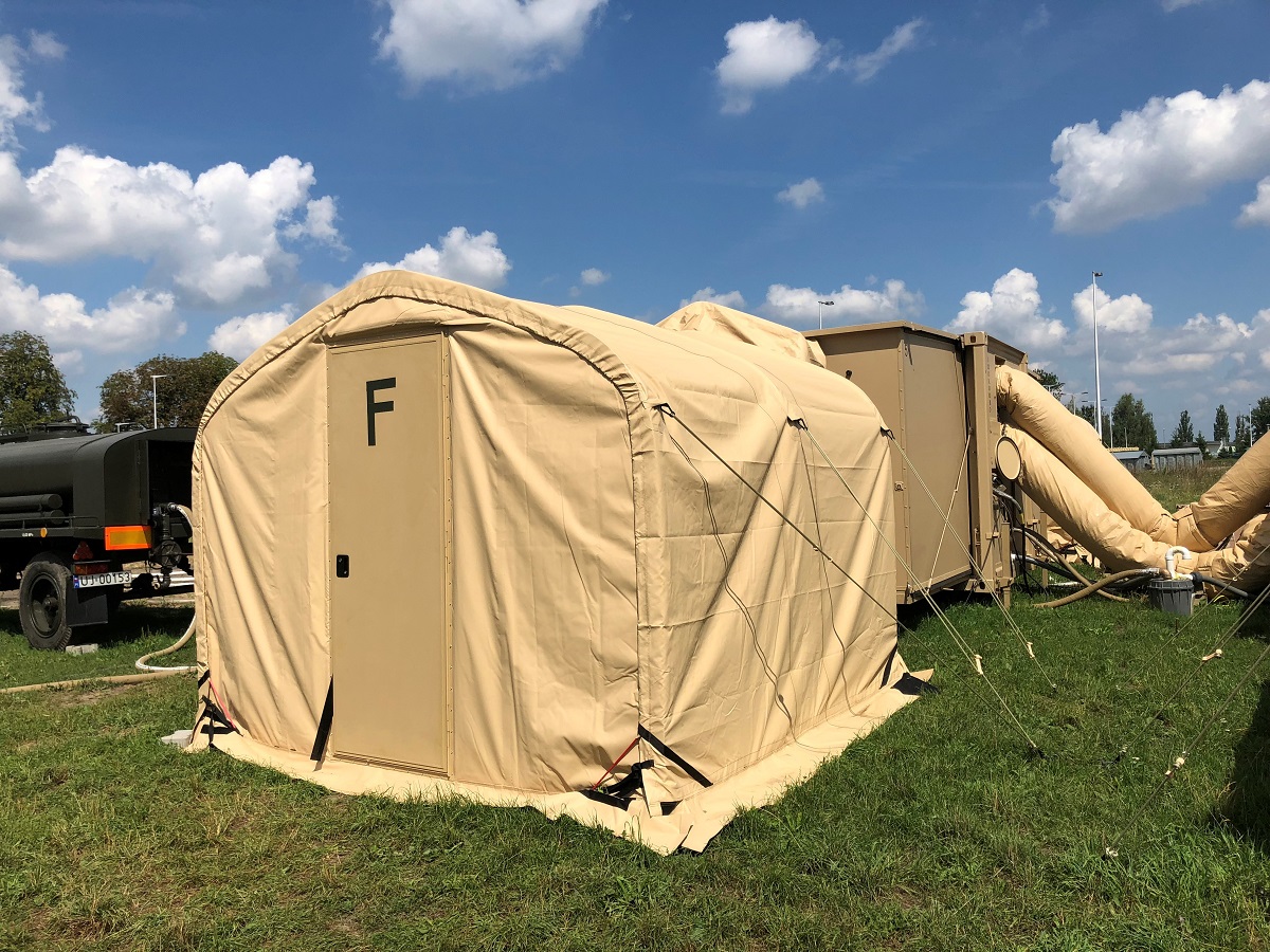 One of the shower facilities available to U.S. Air Force personnel during the DABS proof of concept, which ran from July 16 to Aug. 14, 2018, at Poland’s 31st Air Base. (Valerie Insinna/Staff)