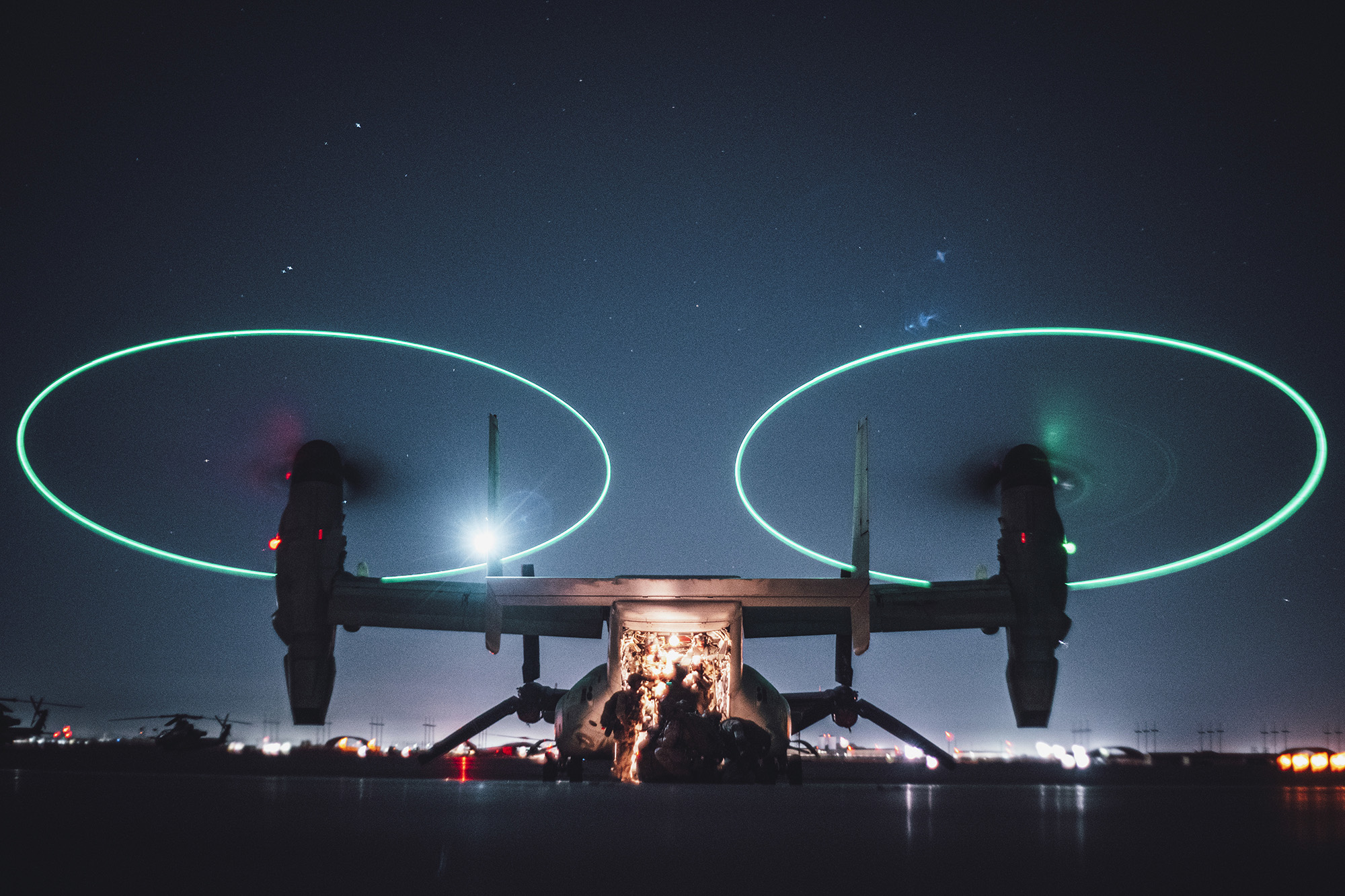 Marines with the All Domain Reconnaissance Detachment, 11th Marine Expeditionary Unit, load into an MV-22 Osprey to conduct a reconnaissance and surveillance mission insertion during a realistic urban training exercise at Marine Corps Air Station Yuma, Ariz., Feb. 19, 2020. (Staff Sgt. Donald Holbert/Marine Corps)