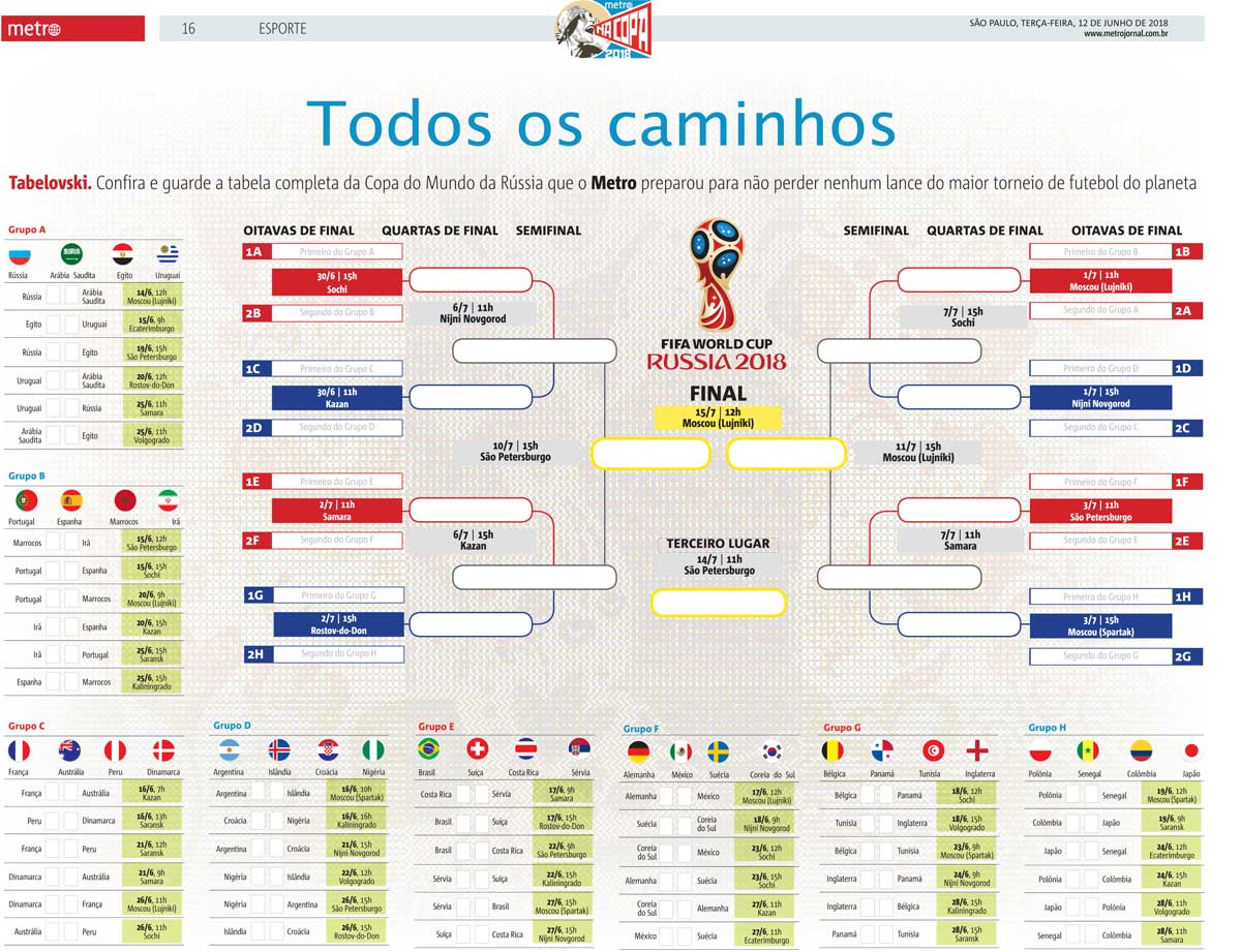 Baixe a tabela completa de jogos da Copa da Rússia