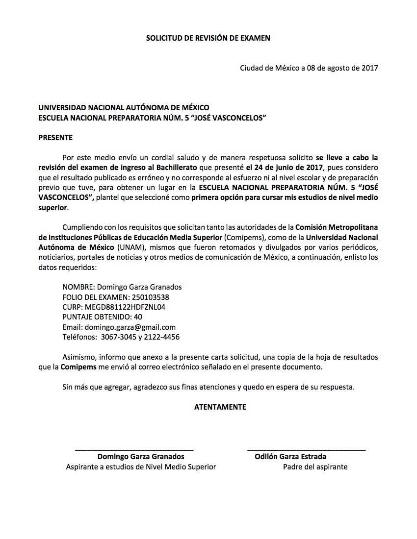 Ejemplo de carta solicitud para solicitar revisión del examen de ingreso a  bachillerato