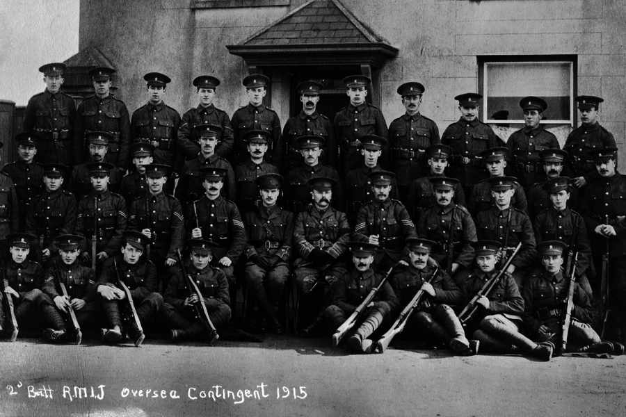 Contingent volunteers from the Militia's East Battalion, with Lieutenant-Colonel Walter Stocker, the Jersey Company's commanding officer, seated in the centre. Picture: Courtesy of Graeme Harris