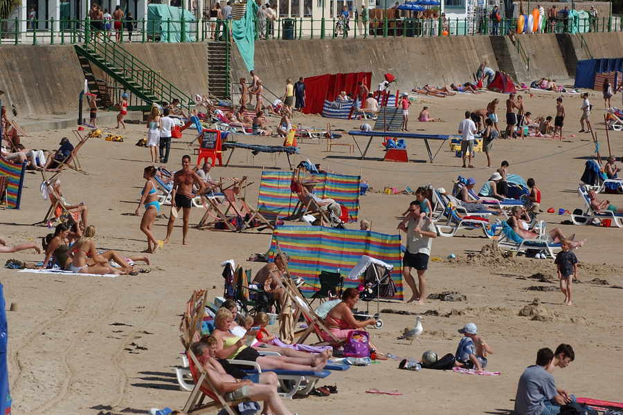 Tourists on a busy St Brelade's Beach