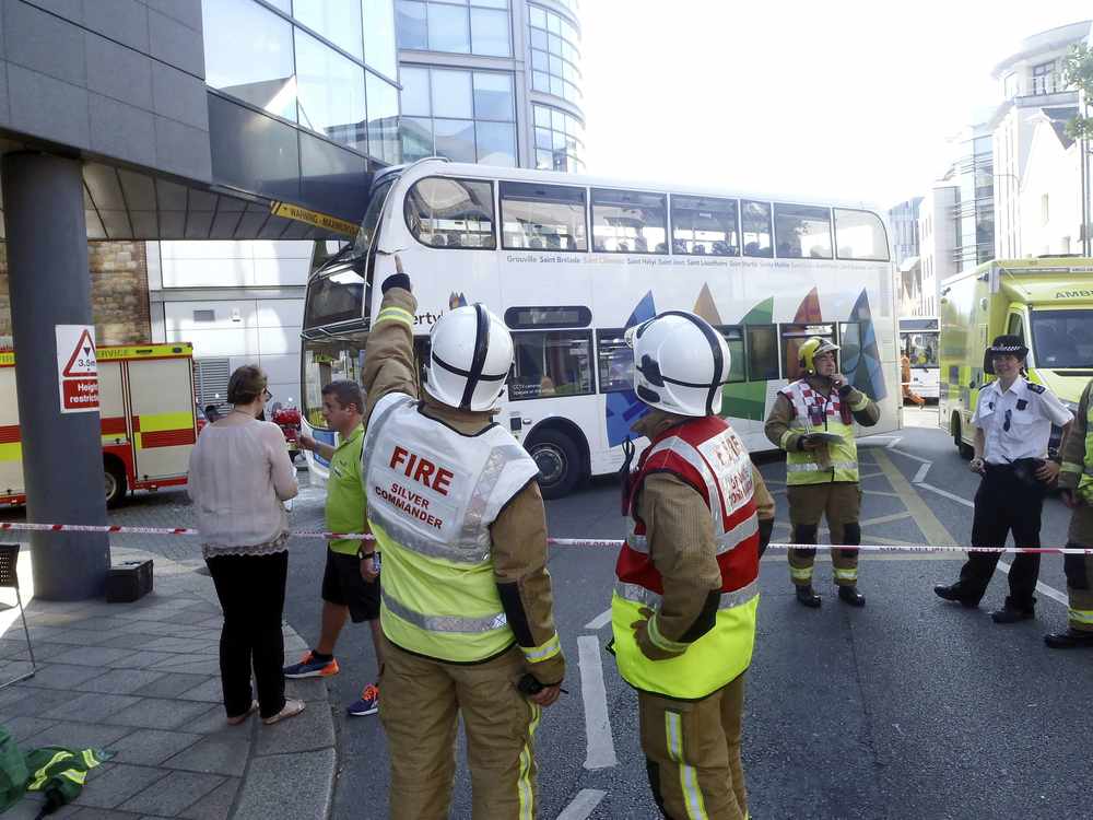 The bus hit the corner of the station Picture: JERSEY FIRE AND RESCUE