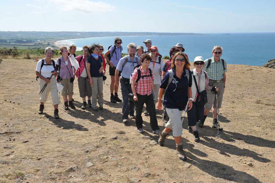 A group of walkers from Hannover and Berlin, who flew in direct from Düsseldorf, at Les Landes en route to Grosnez Castle