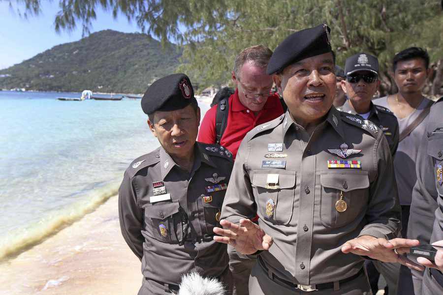 Deputy police chief police chief Somyot Poompanmoung inspecting the crime scene in Koh Tao, Thailand, in September last year