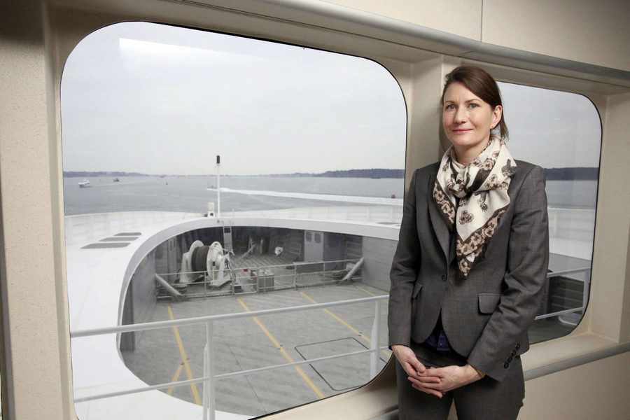 Captain Fran Collins, executive director of operations for Condor Ferries, at the front of the Ocean Plus lounge