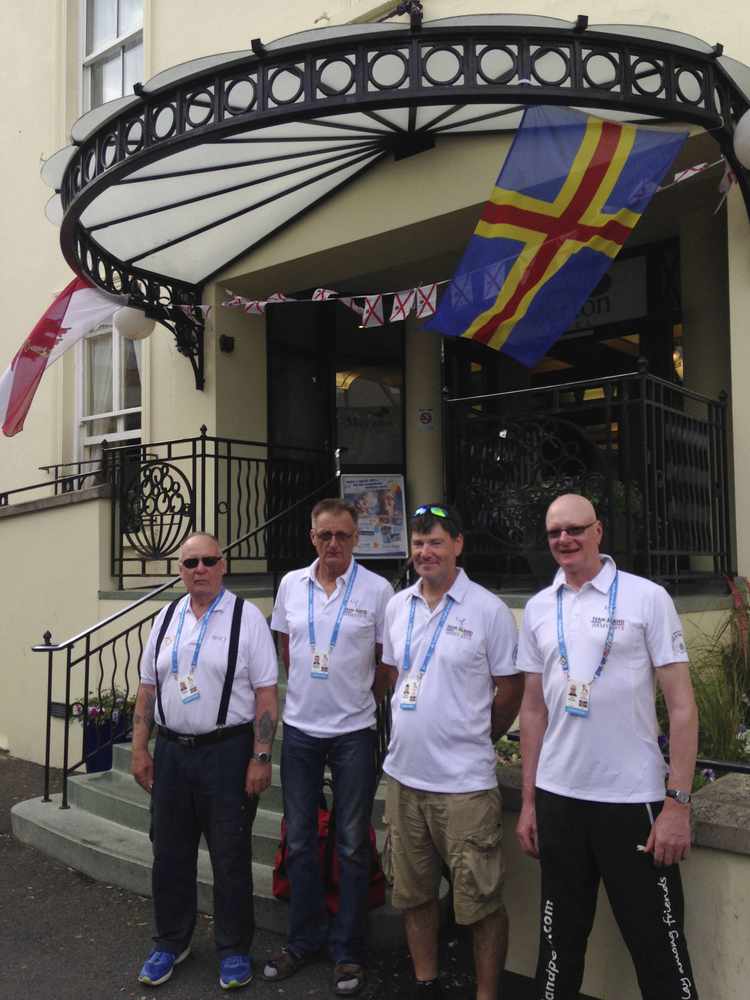 The Aland shooting team outside the Merton Hotel, where they have been staying for the duration of the Games. Shooter Lars Helsing is on the right