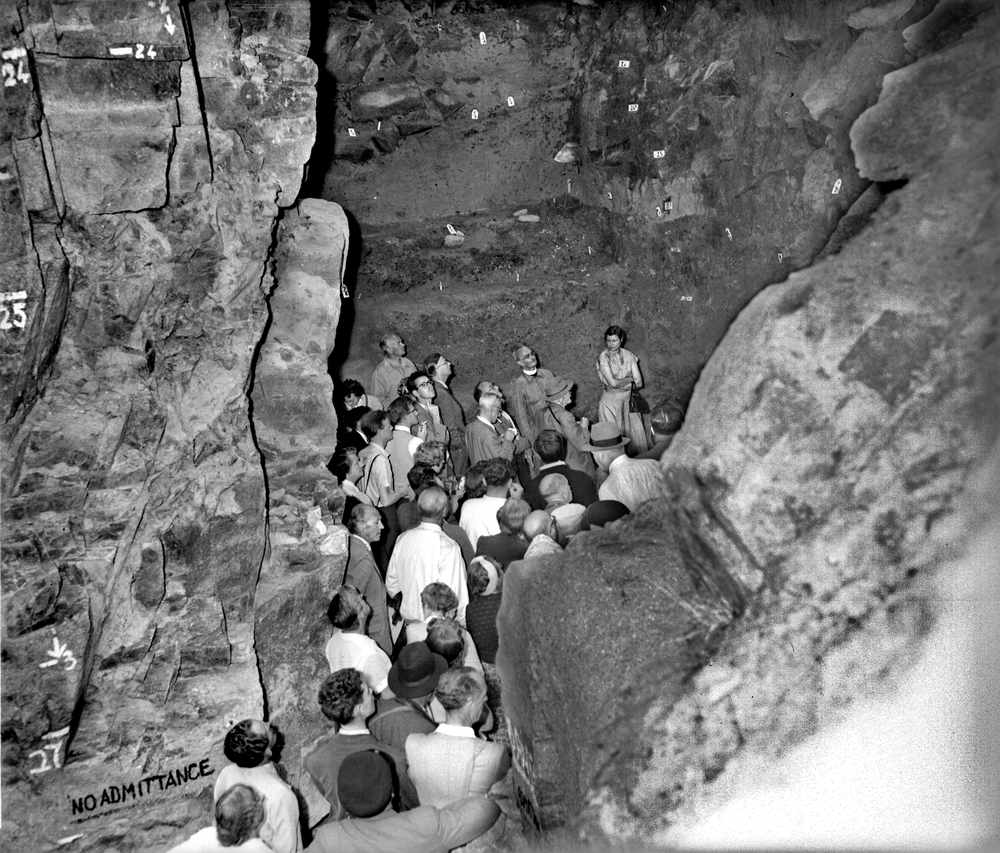 Over 80 members of the Prehistoric Society held their annual summer conference in the Channel Islands in September 1957 and paid a visit to La Cotte, guided by The Rev Father Chr. Burdo