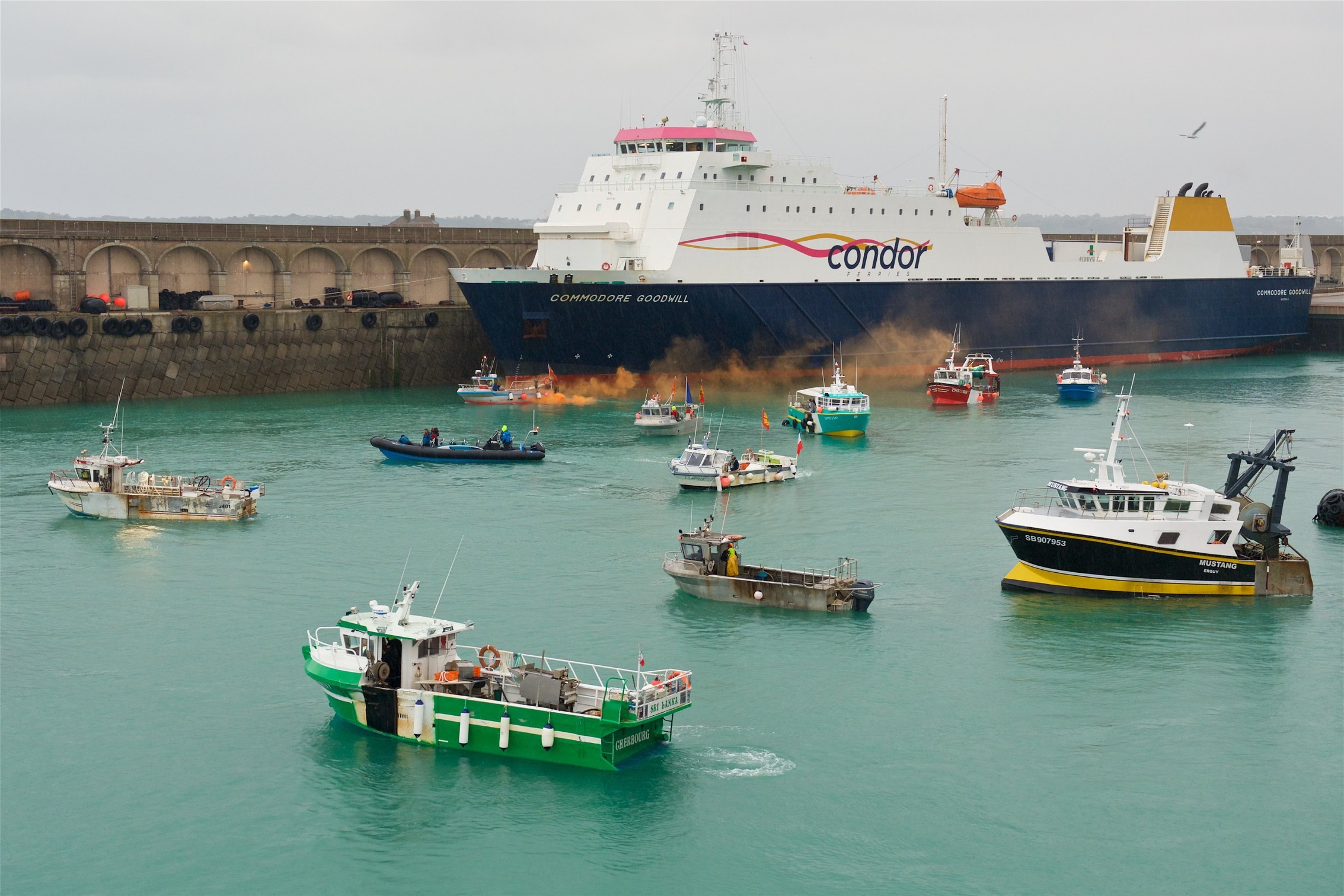 French fishermen blockade the entrance to the harbour over post-Brexit access to Jersey waters preventing the Commodore Clipper from leaving port. Picture: ROB CURRIE. (30788576)