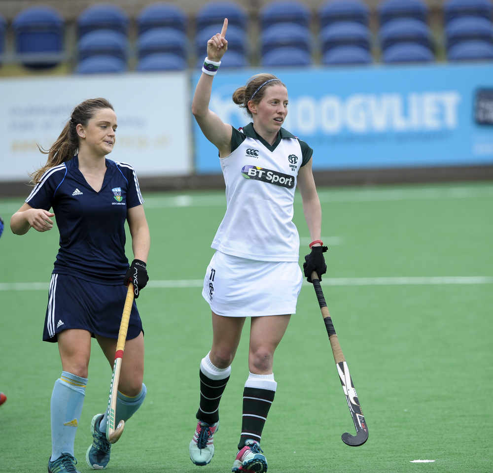 Jersey's Beckie Herbert, a winner of a century of international hockey caps, salutes another goal for Surbiton. Picture: ADY KERRY