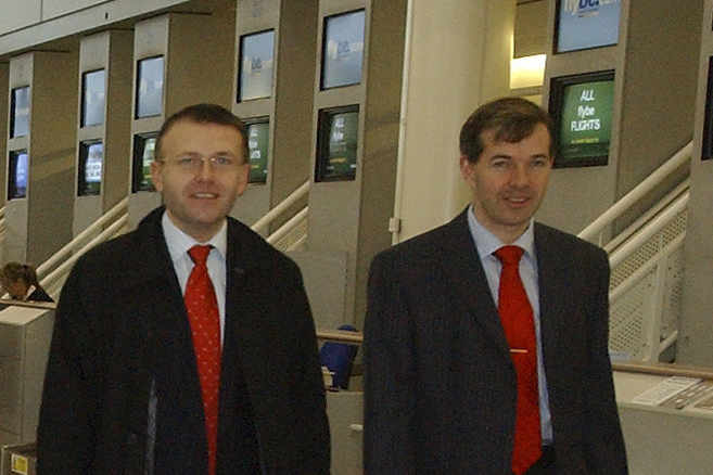 In happier times... Senator Philip Ozouf and Deputy John Le Fondre at Jersey Airport