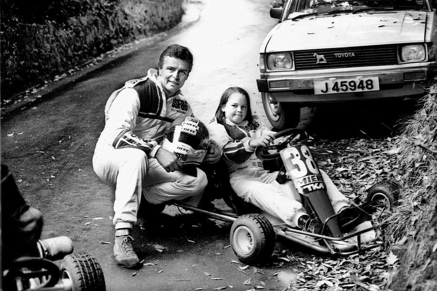 Derek Warwick and his daughter at the Bouley Bay Kart Hill Climb in July 1989