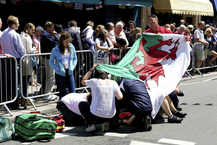 The two riders crashed outside the Town Hall during the sprint to the finish line