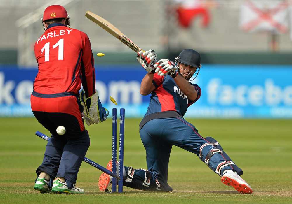 Sharad Vesawkar is bowled by Chuggy Perchard