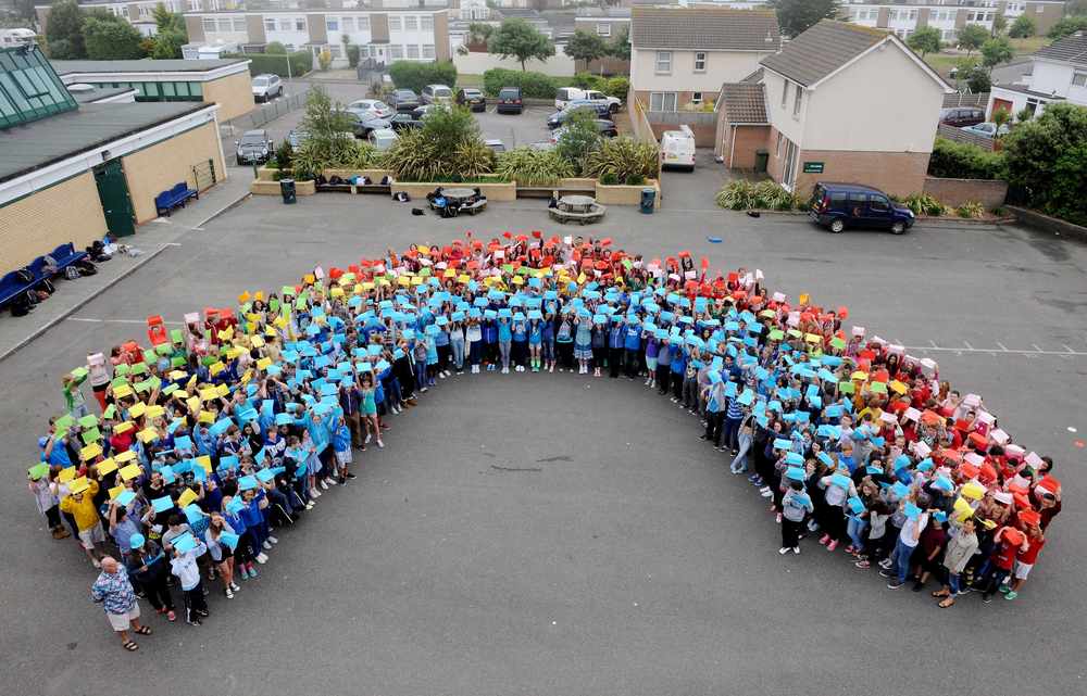 Children from Les Quennevais school made a rainbow as part of fundraising for the Elin Rose appeal